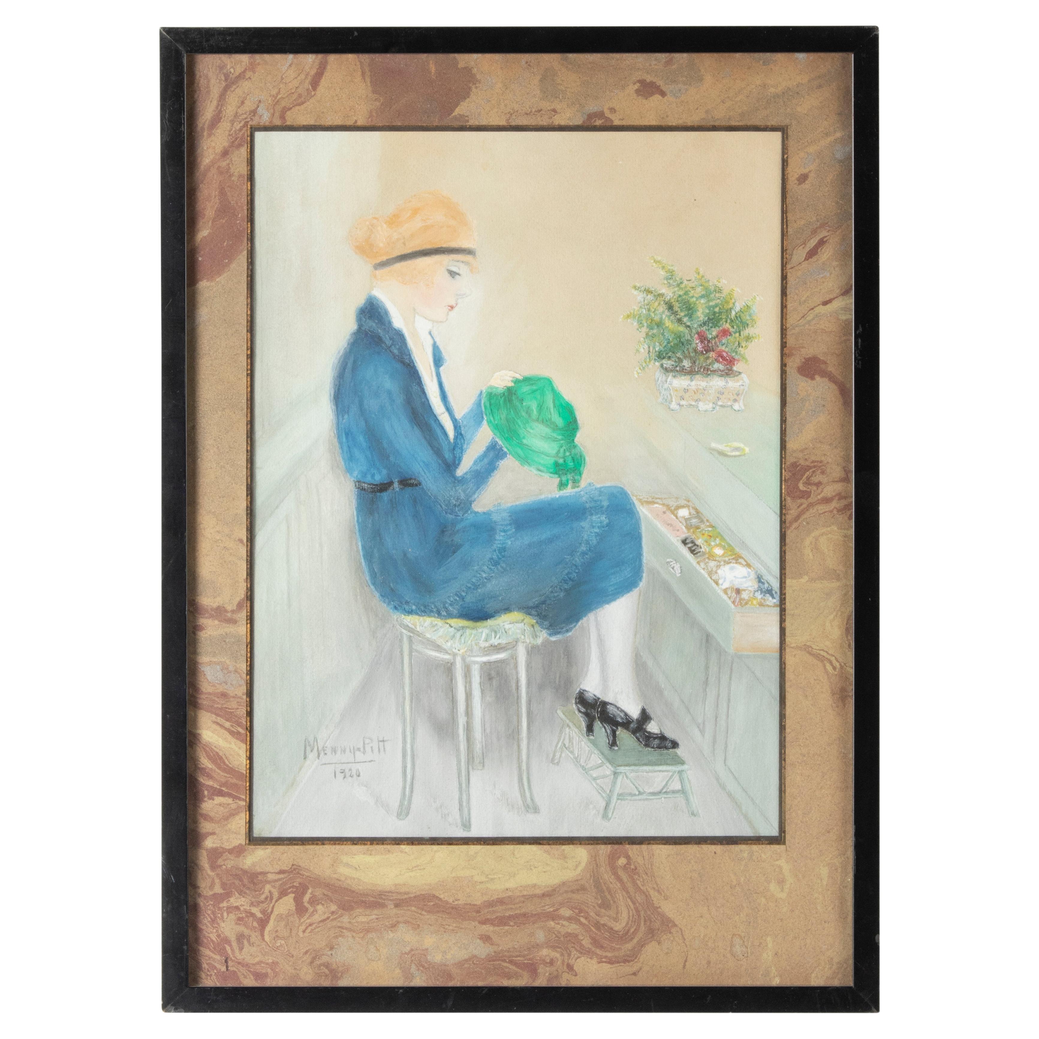 Art Deco Painting of a Woman in Blue Dress Signed Menny Pitt, 1920 For Sale