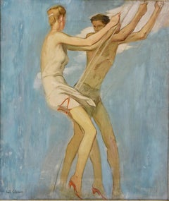 Art Deco Painting of Couple on a Swing Louis Eugene Glasser 1925 France