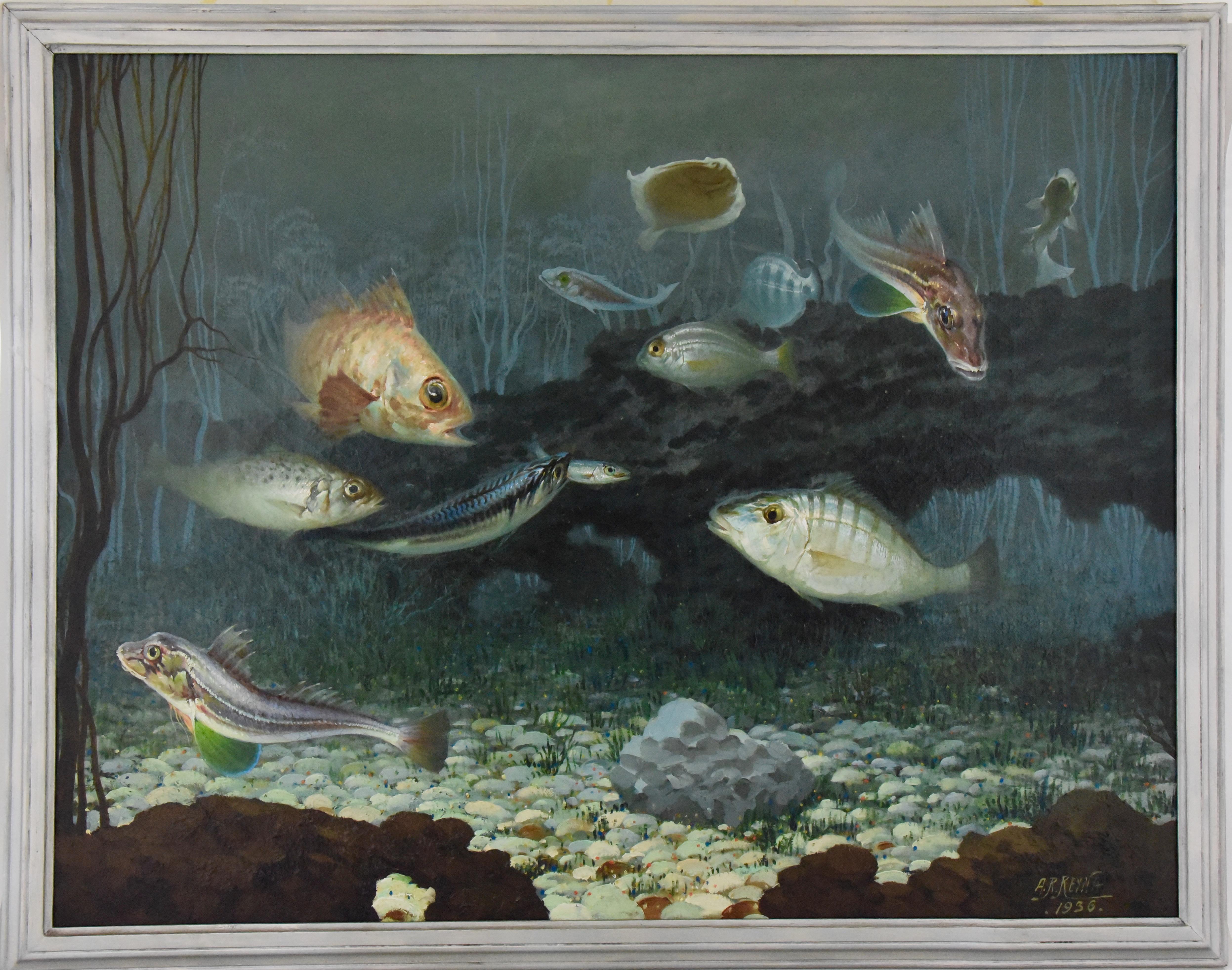 Art Deco oil painting of fish on the bottom of the sea.
Beautiful details and colors. Original frame.
Signed by A. R. Reyna and dated 1936.
Size framed:
H. 83 cm. x L. 105 cm. x W. 3 cm.
H. 32.7 inch x L. 41.3 inch x 1.2 inch.

Size of the