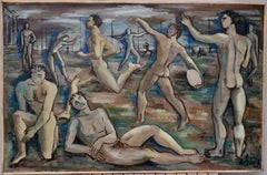 Art Deco painting of male nude athletes at the
Olympics signed dated 1948