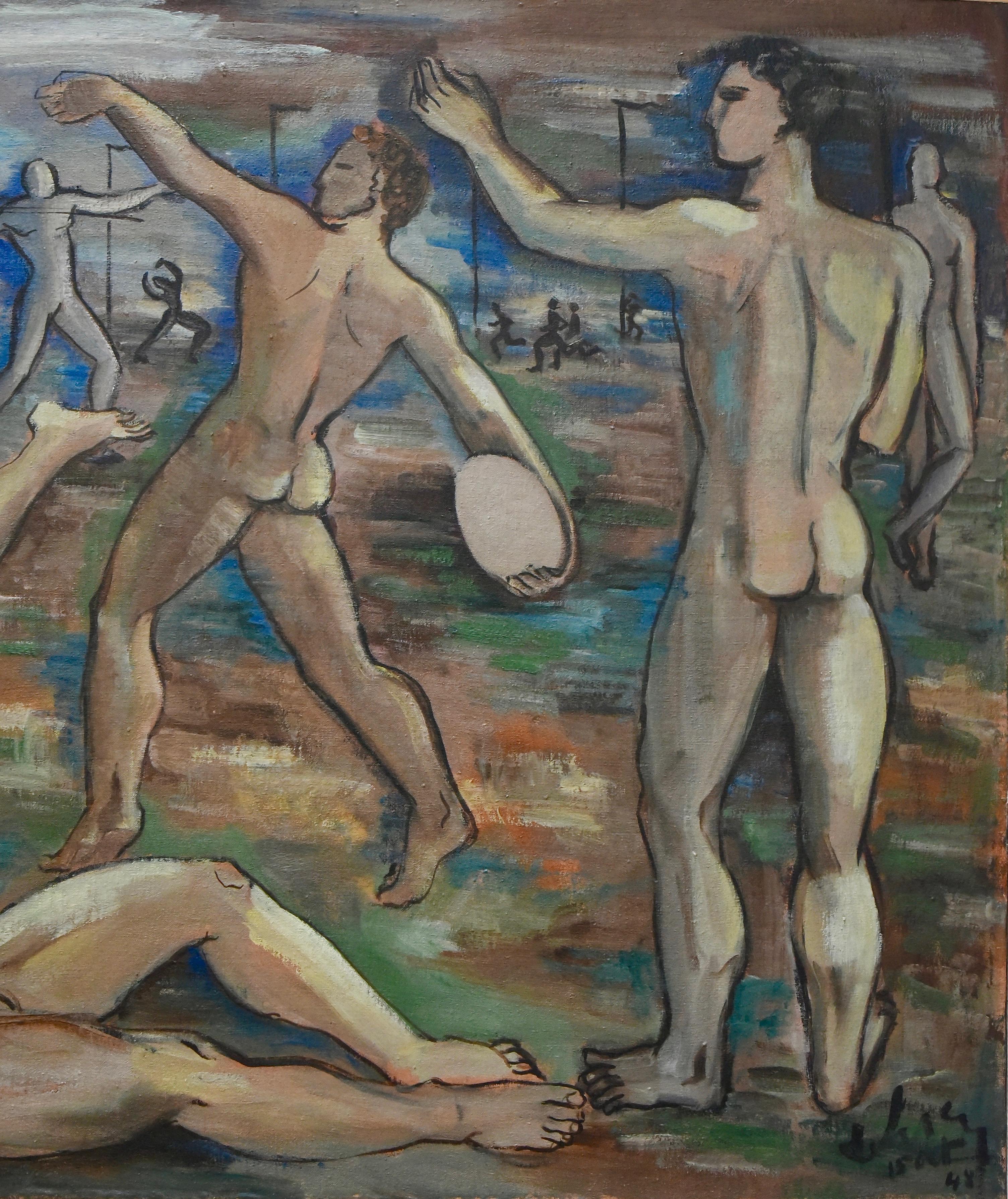 French Art Deco painting of male nude athletes at the  Olympics signed dated 1948