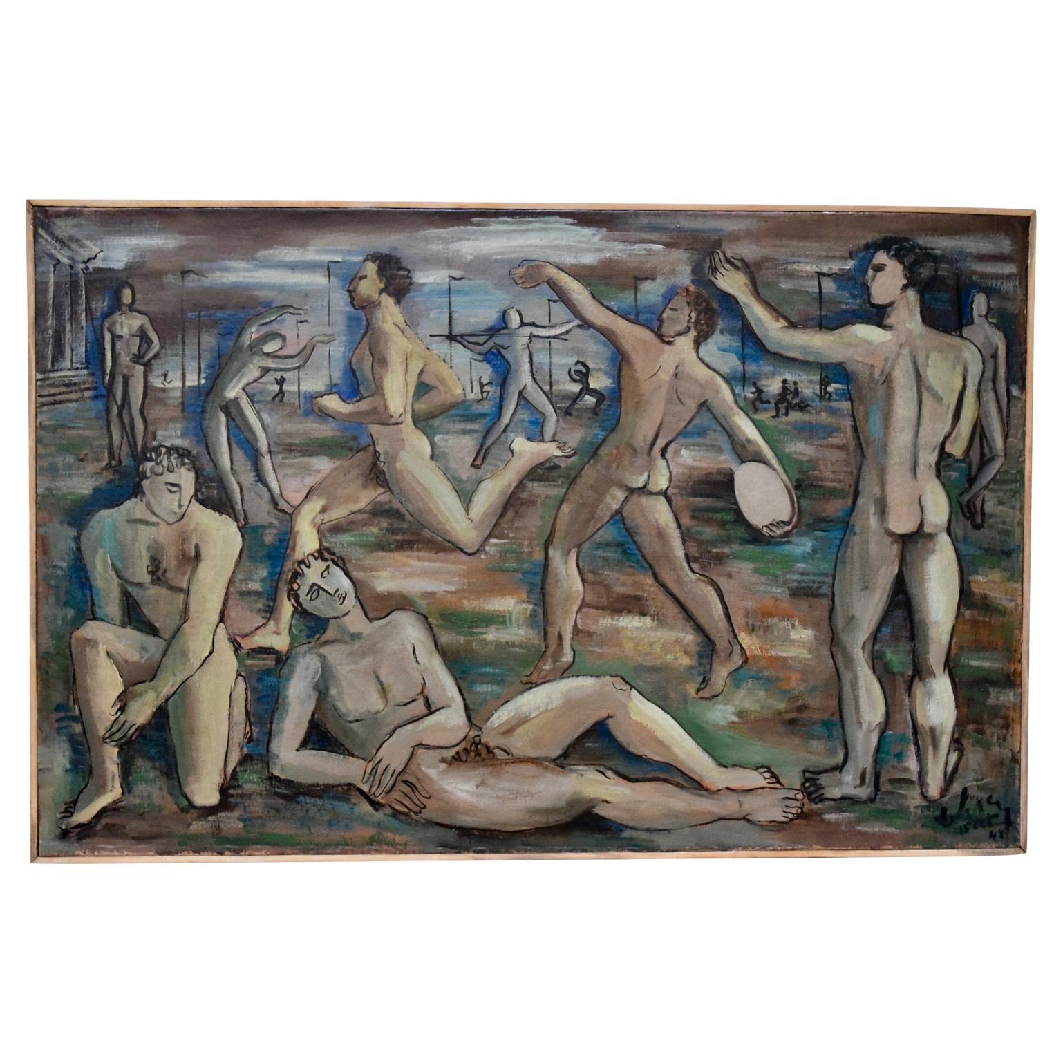 Art Deco painting of male nude athletes at the  Olympics signed dated 1948