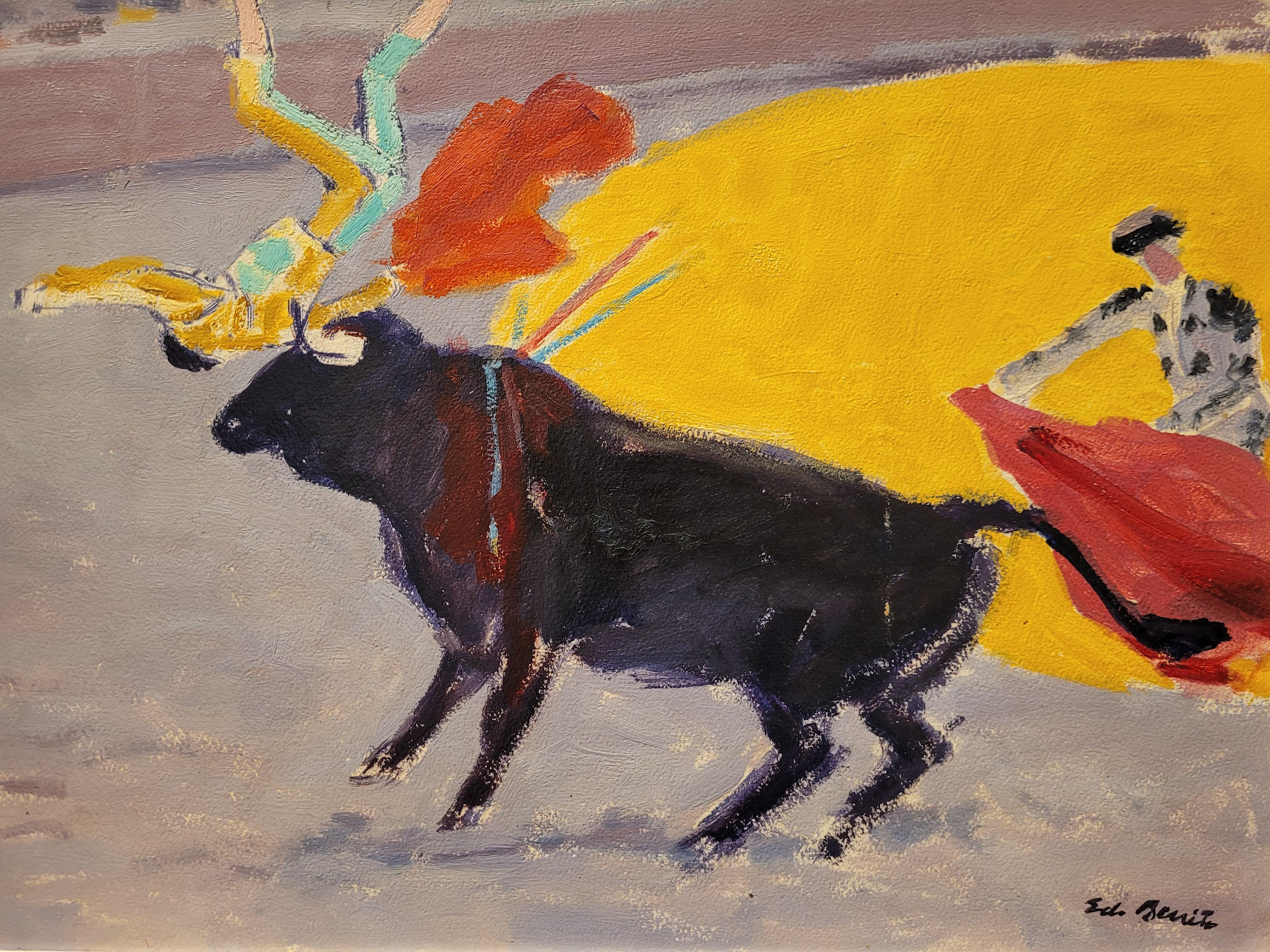 Art deco Painting, Oil on Wood, red, Yellow Bullfighting, Edouard García Benito 4