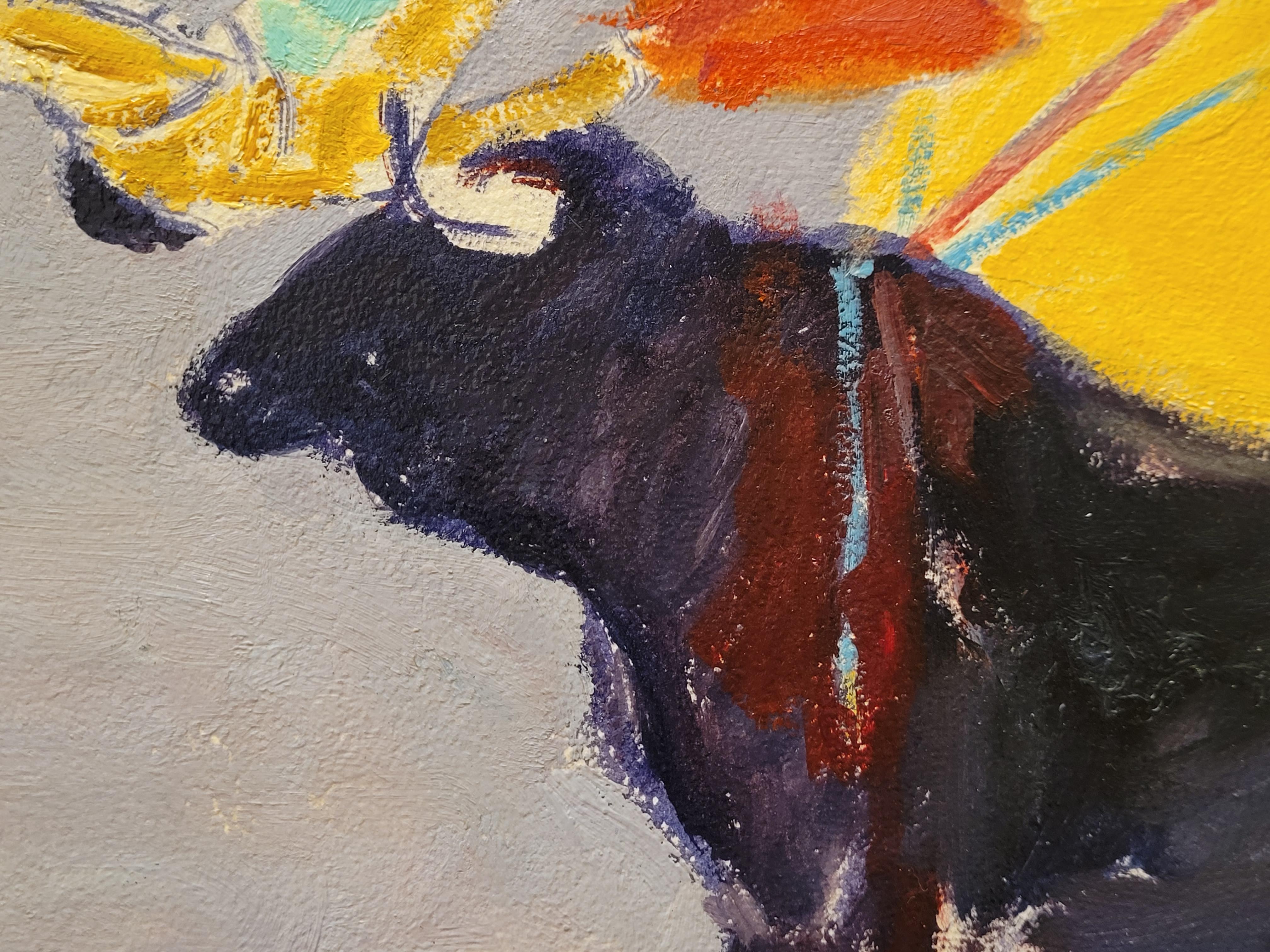 Art deco Painting, Oil on Wood, red, Yellow Bullfighting, Edouard García Benito 10
