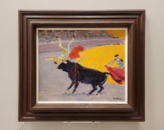 Art deco Painting, Oil on Wood, red, Yellow Bullfighting, Edouard García Benito