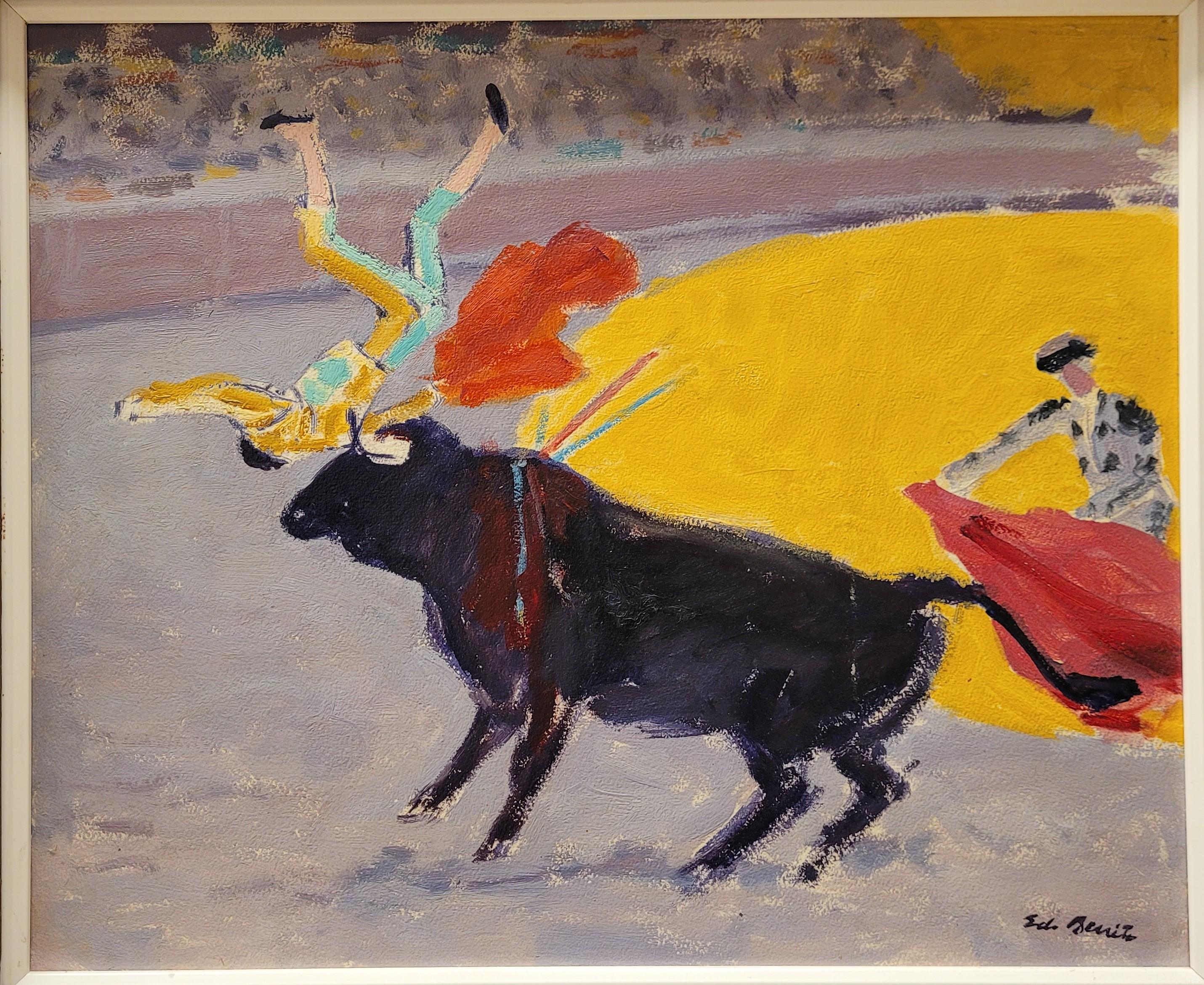 Art Deco Art deco Painting, Oil on Wood, red, Yellow Bullfighting, Edouard García Benito