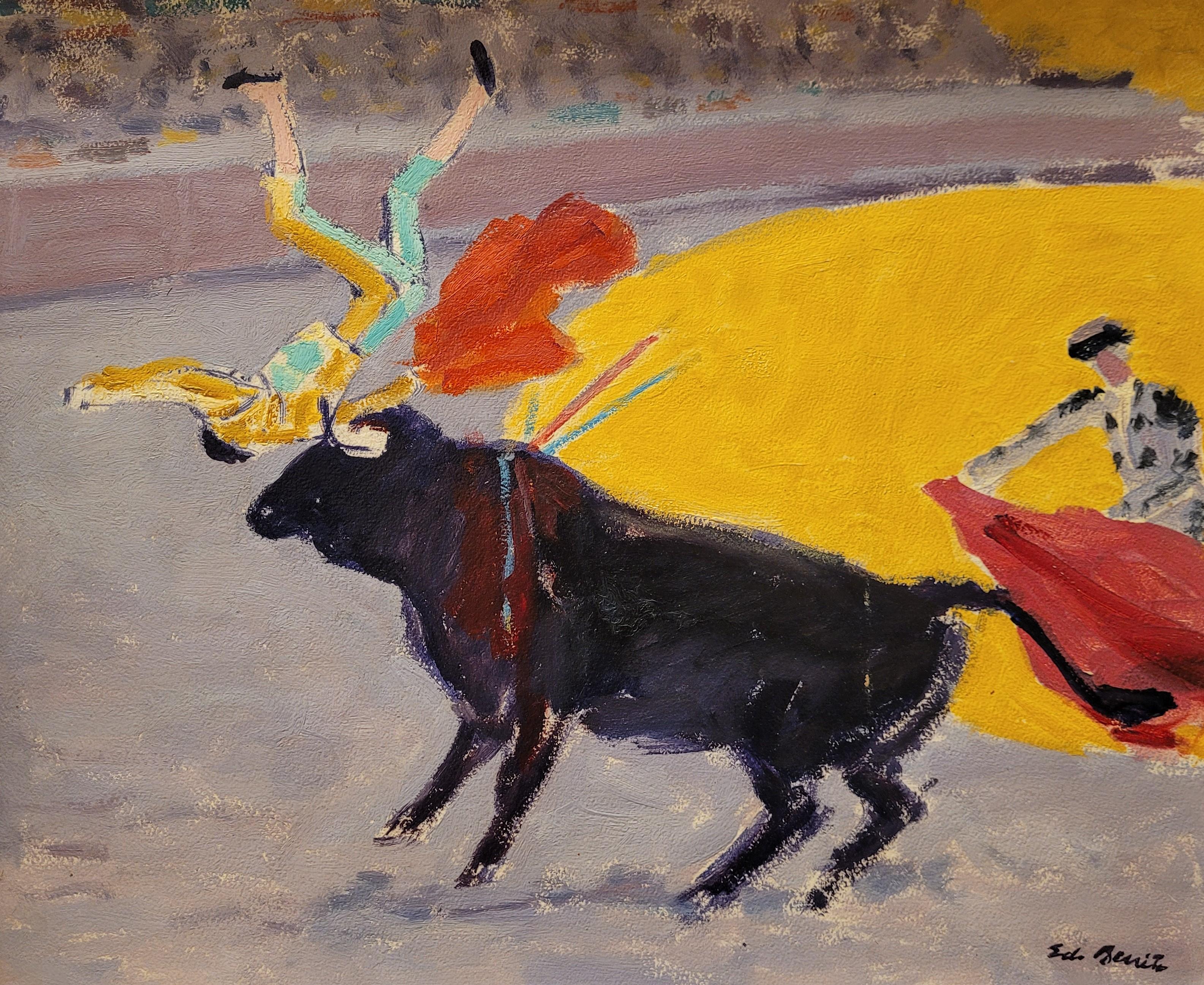 Spanish Art deco Painting, Oil on Wood, red, Yellow Bullfighting, Edouard García Benito