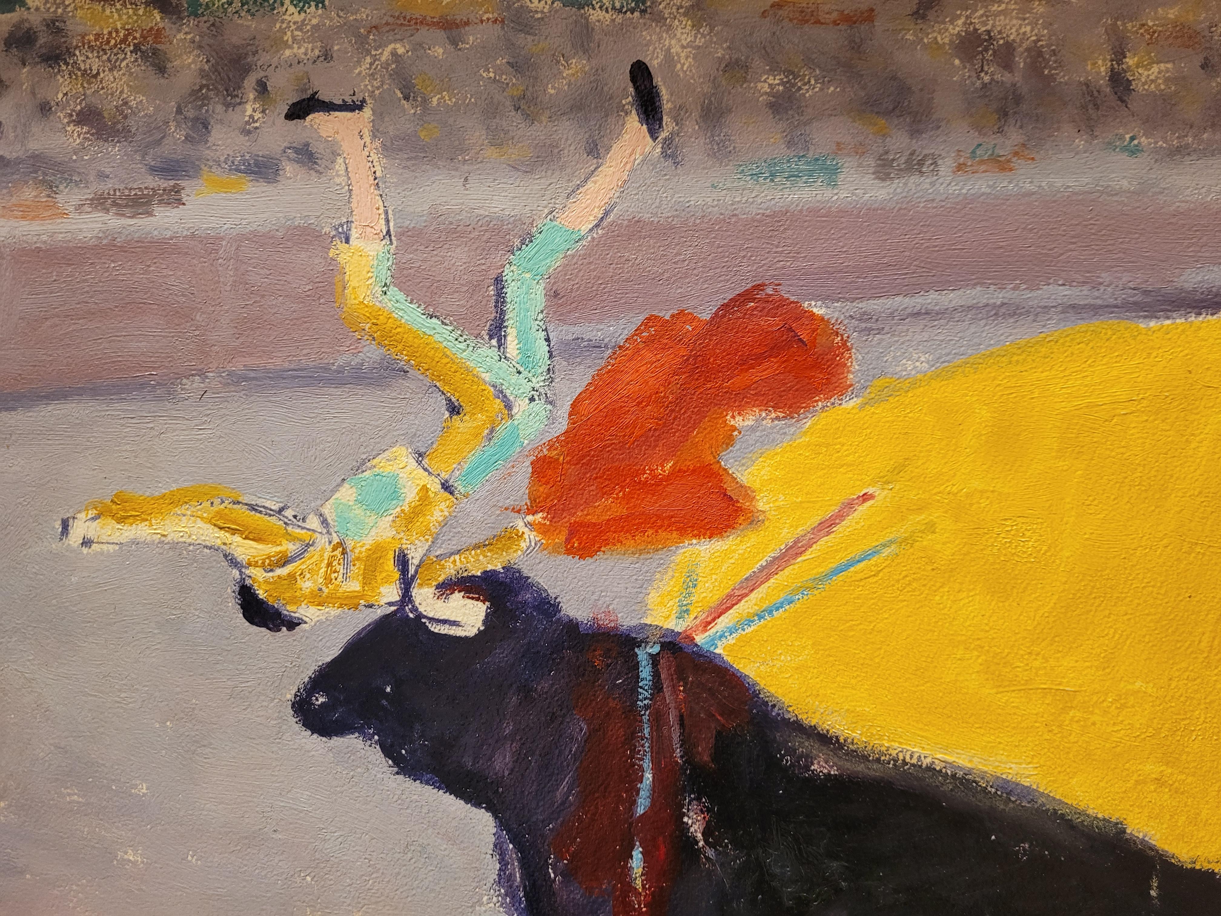 Hand-Painted Art deco Painting, Oil on Wood, red, Yellow Bullfighting, Edouard García Benito