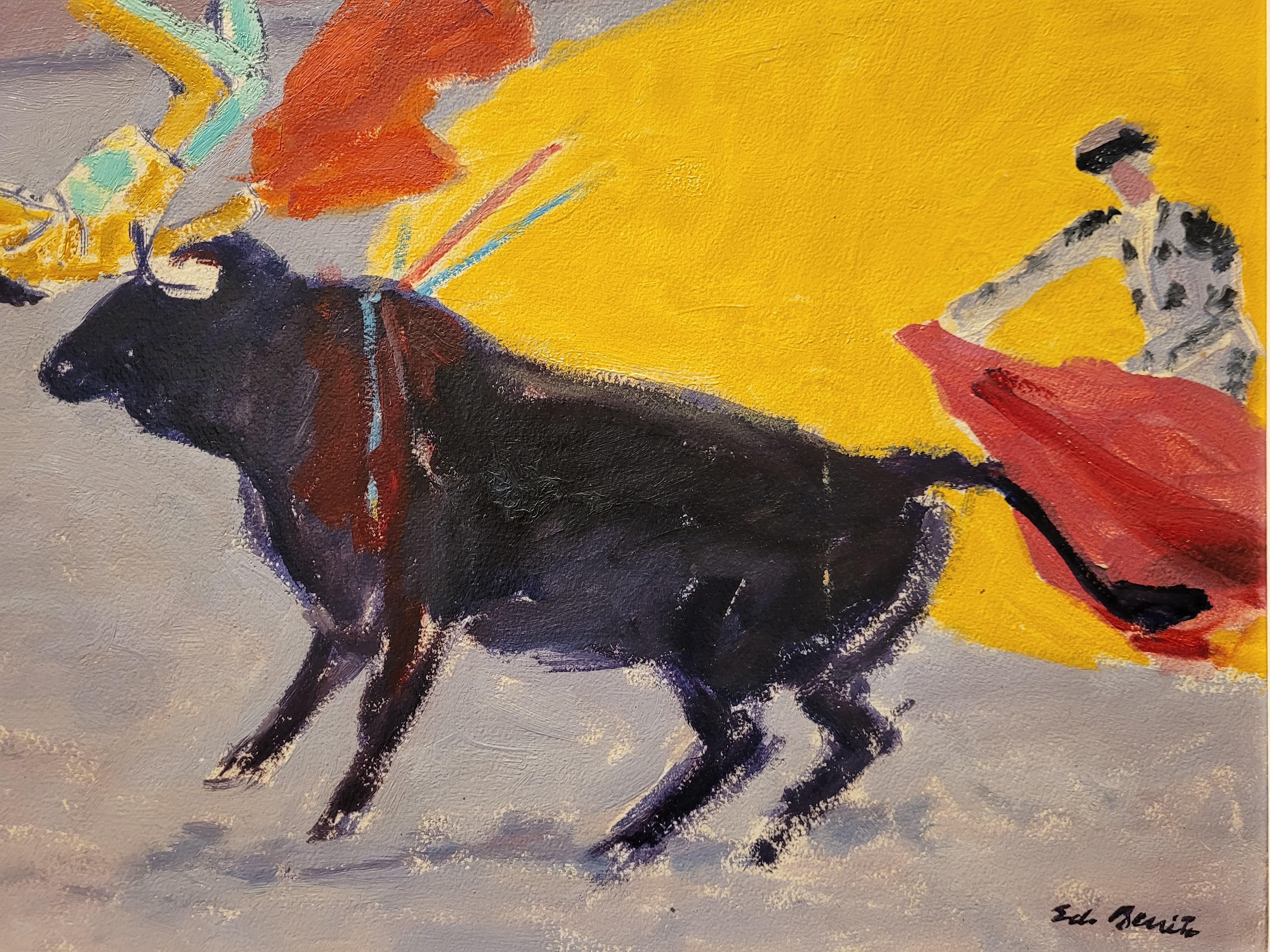 Art deco Painting, Oil on Wood, red, Yellow Bullfighting, Edouard García Benito In Excellent Condition In Valladolid, ES