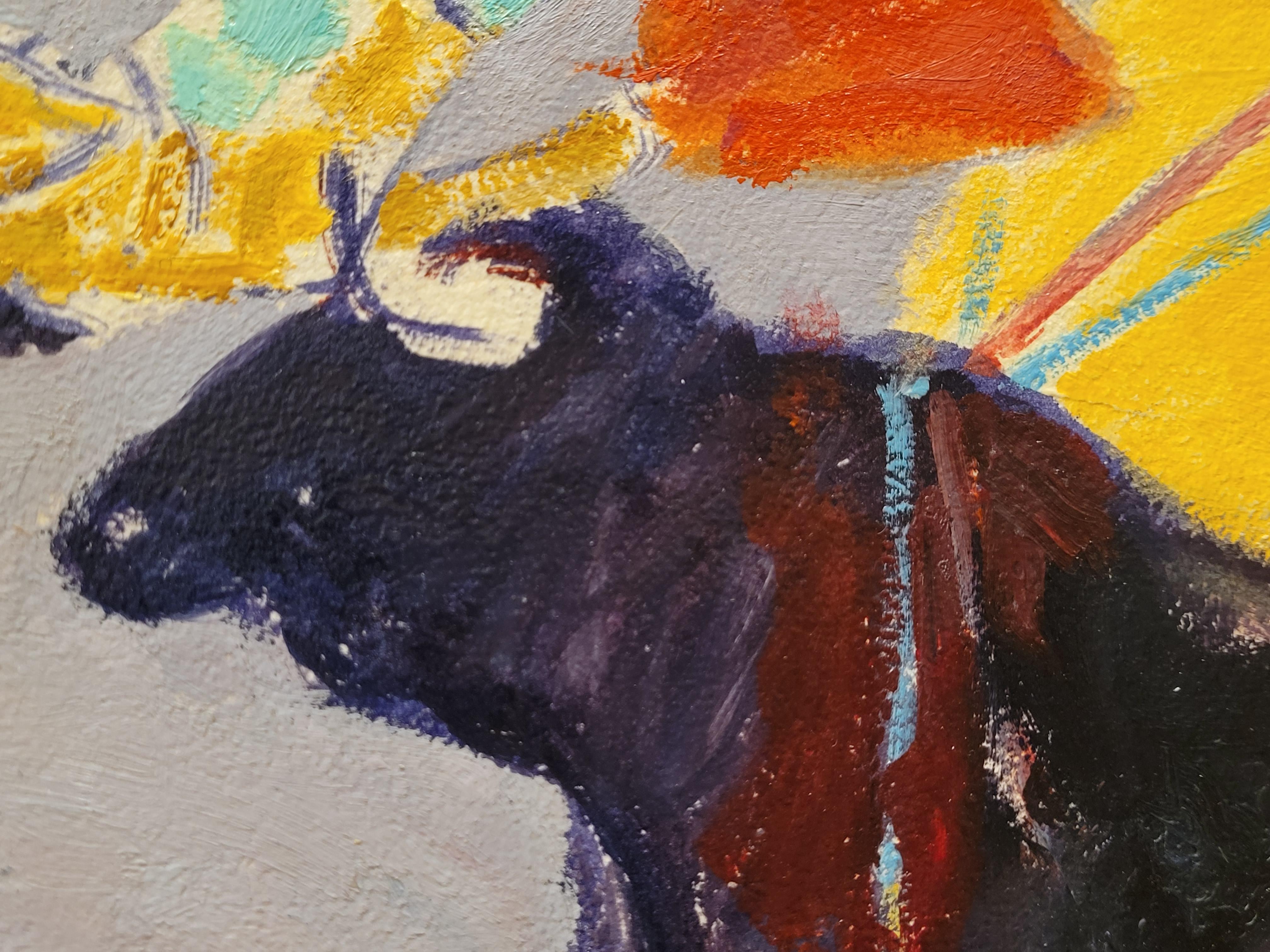 Mid-20th Century Art deco Painting, Oil on Wood, red, Yellow Bullfighting, Edouard García Benito
