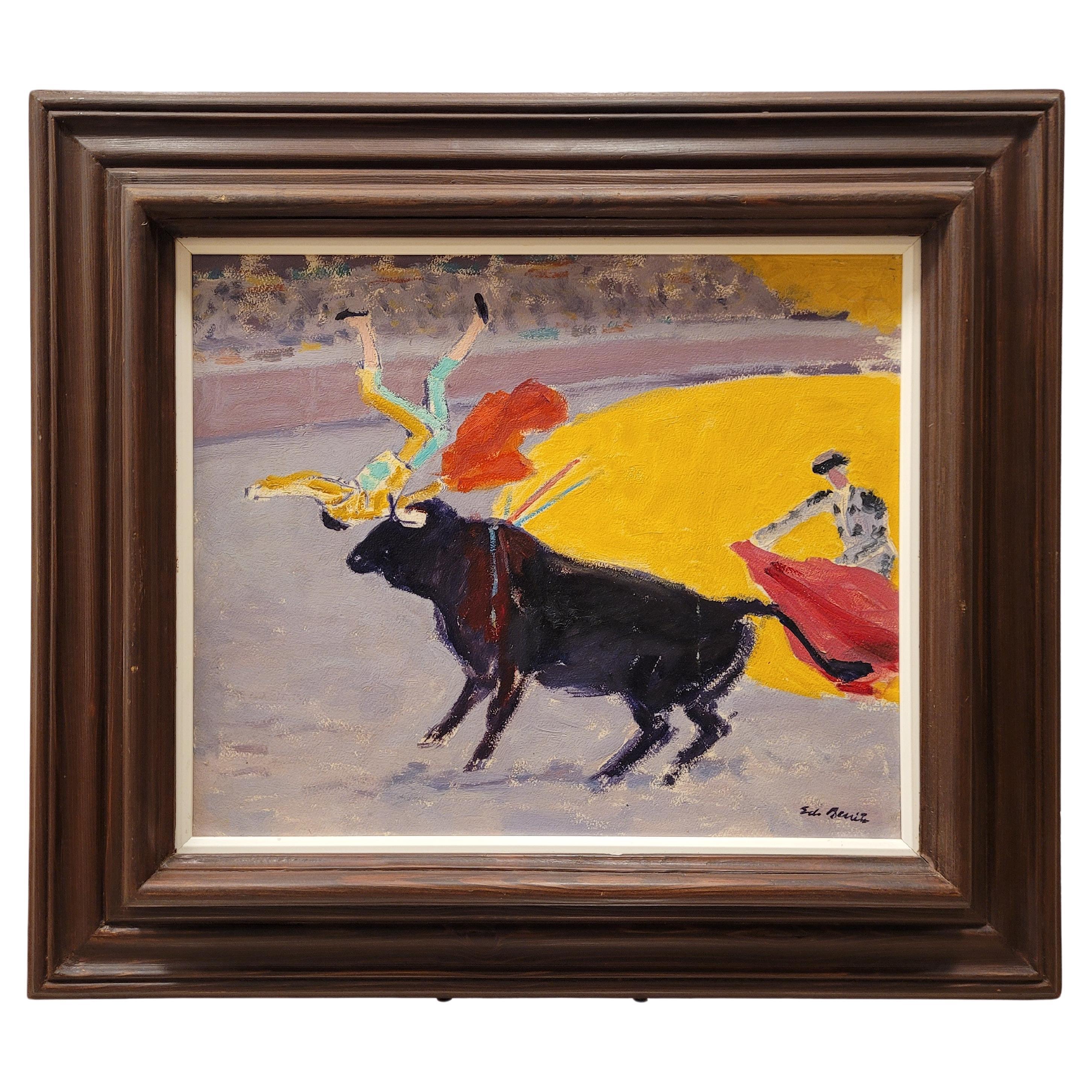 Art deco Painting, Oil on Wood, red, Yellow Bullfighting, Edouard García Benito