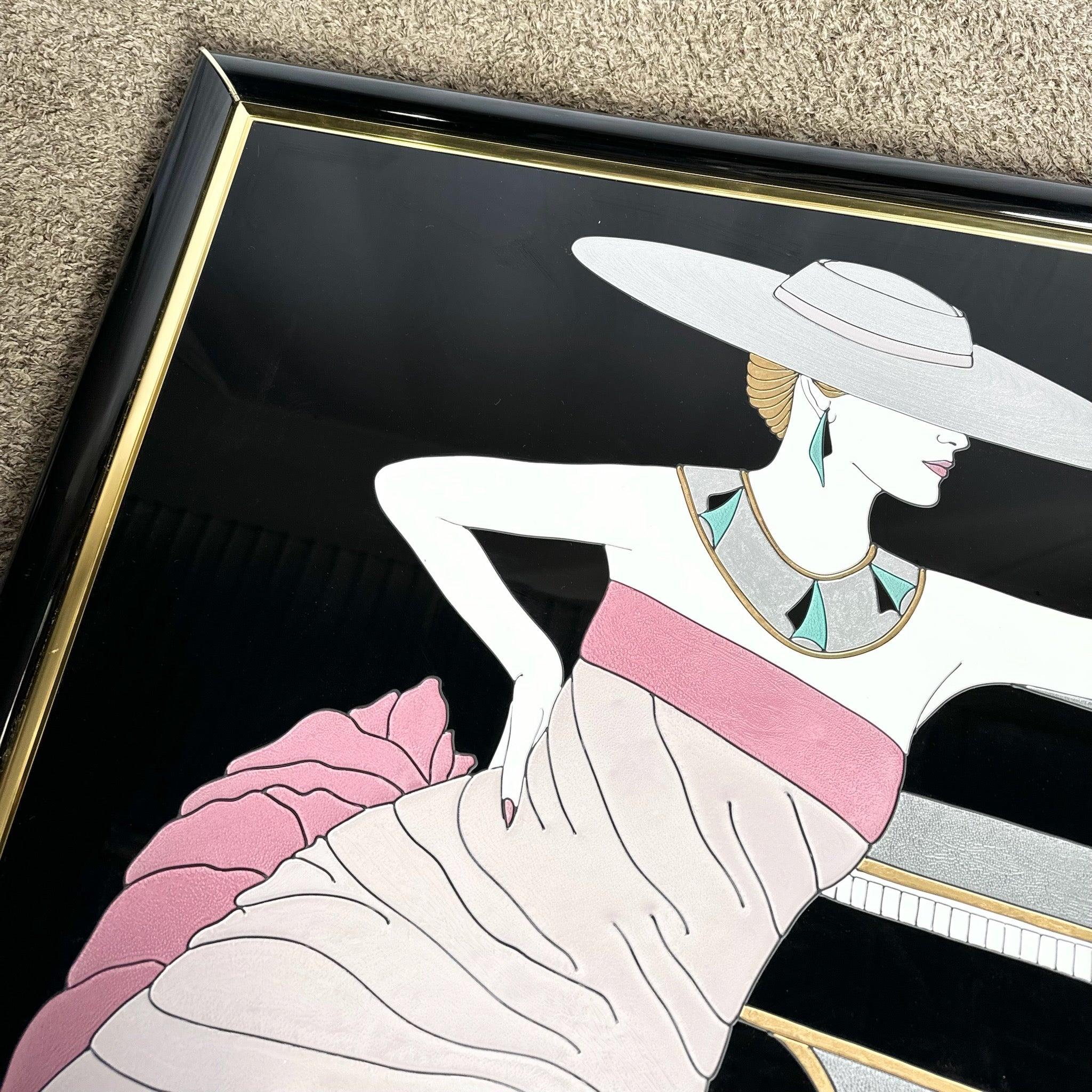 Art Deco Gemälde von Fara Zareey - elegante Frau in rosa Kleid auf schwarzem Acryl, gerahmt mit Goldschnitt, signiert von der Künstlerin.
 
 Einige Grübchen auf dem Gold, wie auf den Fotos gezeigt.
 
 Wir verkaufen die Gegenstände so, wie sie