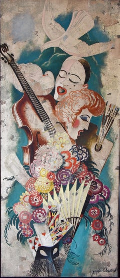 Art Deco Painting Pierrot Columbine Music Playing Carts Gaston Andre 1925 France