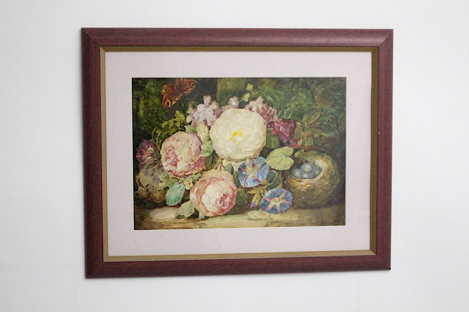 Peinture Art Déco aquarelle sur carton avec passe-partout sous verre encadrée, par Emil Fiala, montre l'étonnante scène de nature morte avec fleurs et papillon dans des couleurs aux tons pastels.
Emil Fiala (1869 - 1960) a été membre du