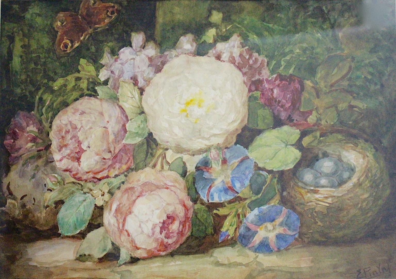 Art déco Peinture Art Déco - Fleurs roses, vertes et bleues avec papillon - Emil Fiala Vienna - Années 1930 en vente