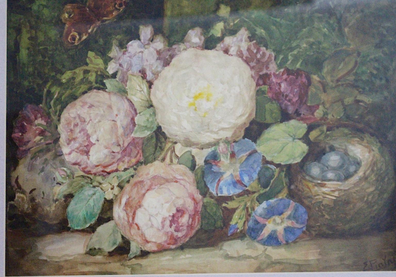 Autrichien Peinture Art Déco - Fleurs roses, vertes et bleues avec papillon - Emil Fiala Vienna - Années 1930 en vente