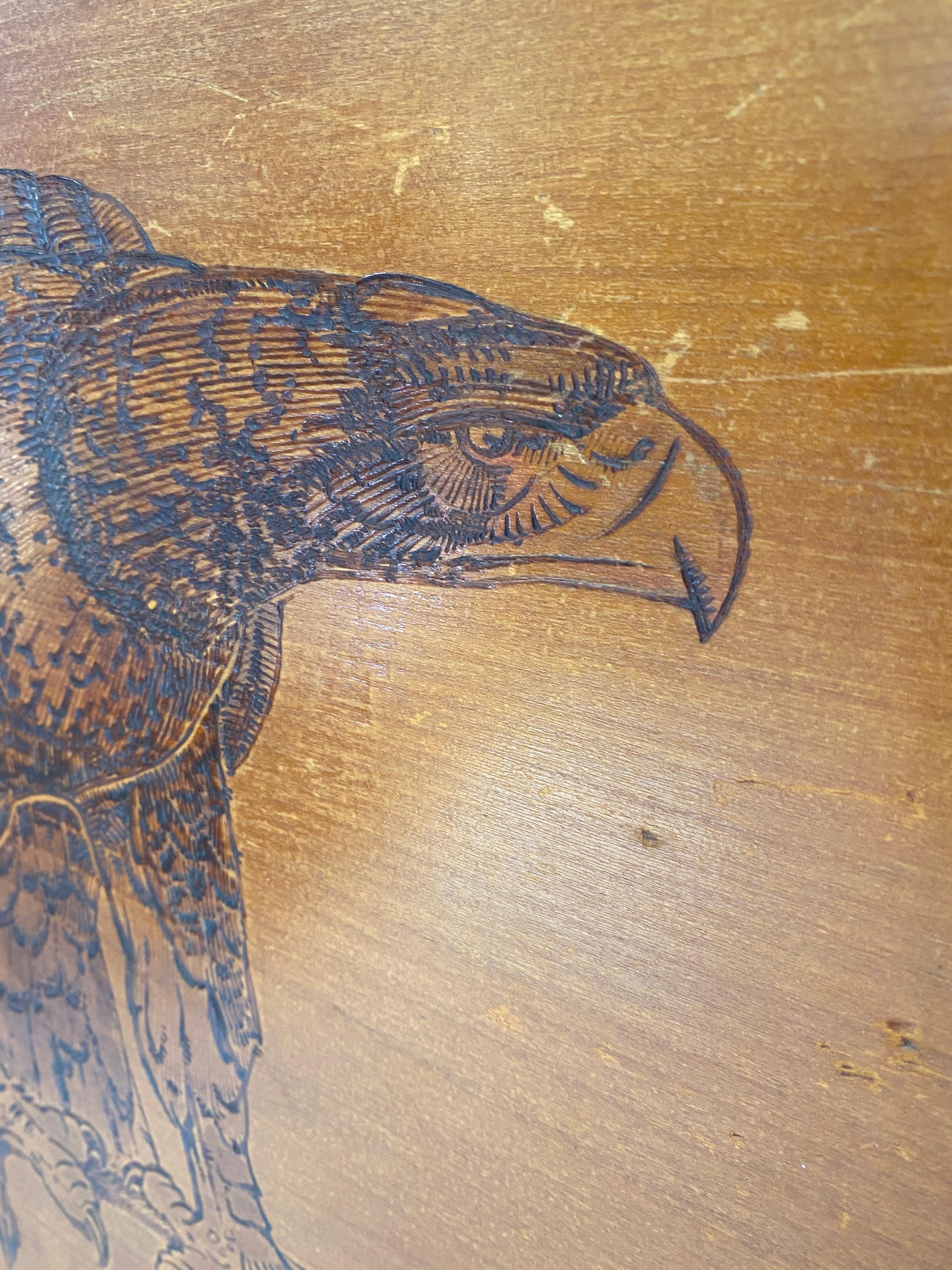 French Art Deco Painting Representing an Eagle, Pyrography Work on Wood For Sale