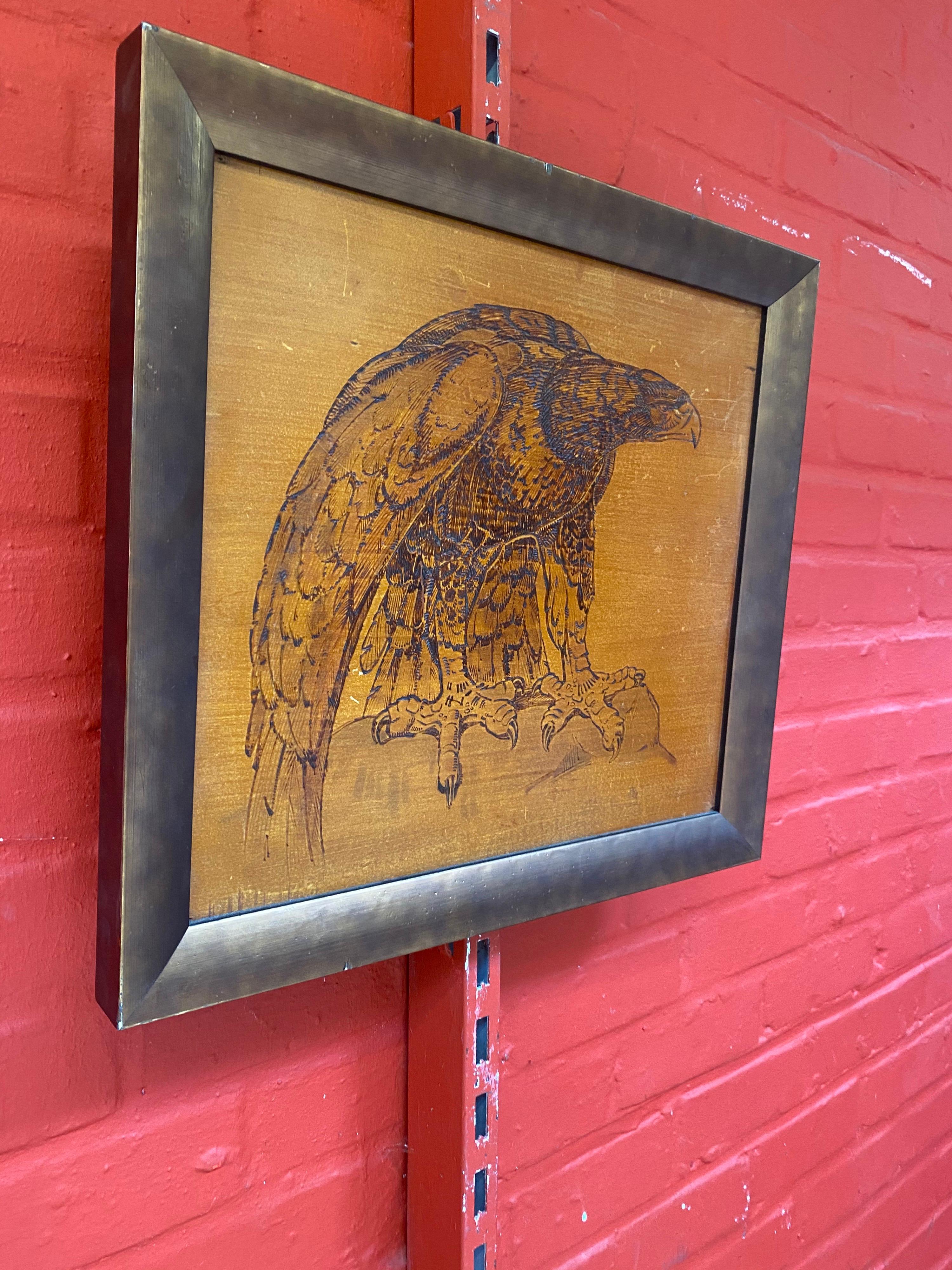 Mid-20th Century Art Deco Painting Representing an Eagle, Pyrography Work on Wood For Sale