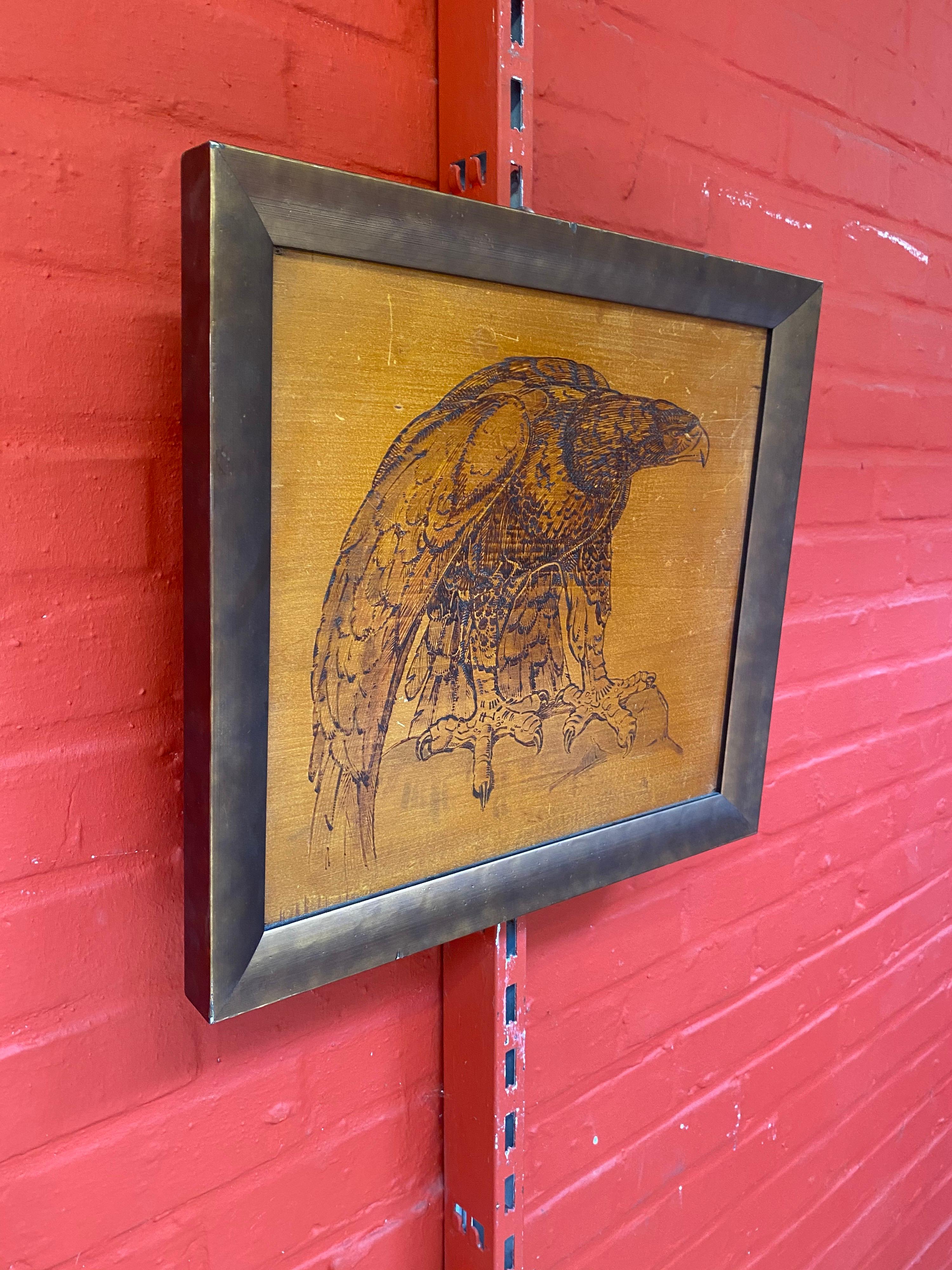 Art Deco Painting Representing an Eagle, Pyrography Work on Wood For Sale 1