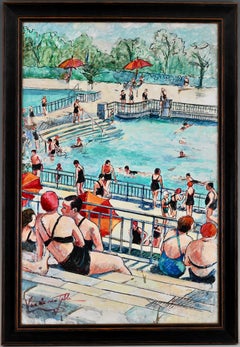 Art Deco painting swimming pool by Christiane Caillotin Vue  de ma table 1940