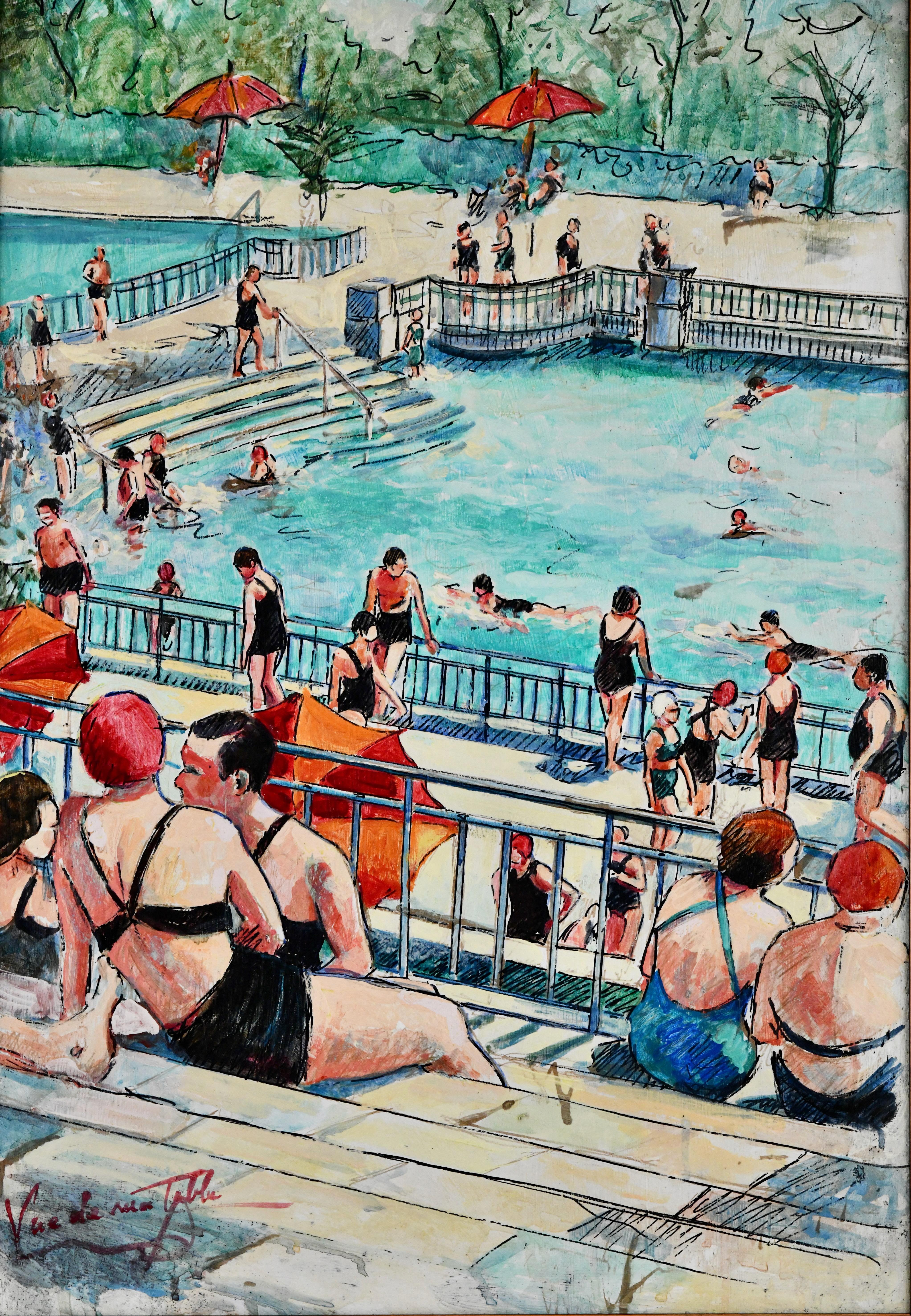 Art Deco painting swimming pool by Christiane Caillotin Vue de ma table. 
France ca. 1940.
Acrylic paint, watercolor on board. Framed. 
Christiane CAILLOTIN 
French 20th century painter, born in Coye la Forêt and died in 1984, formed by Adler,