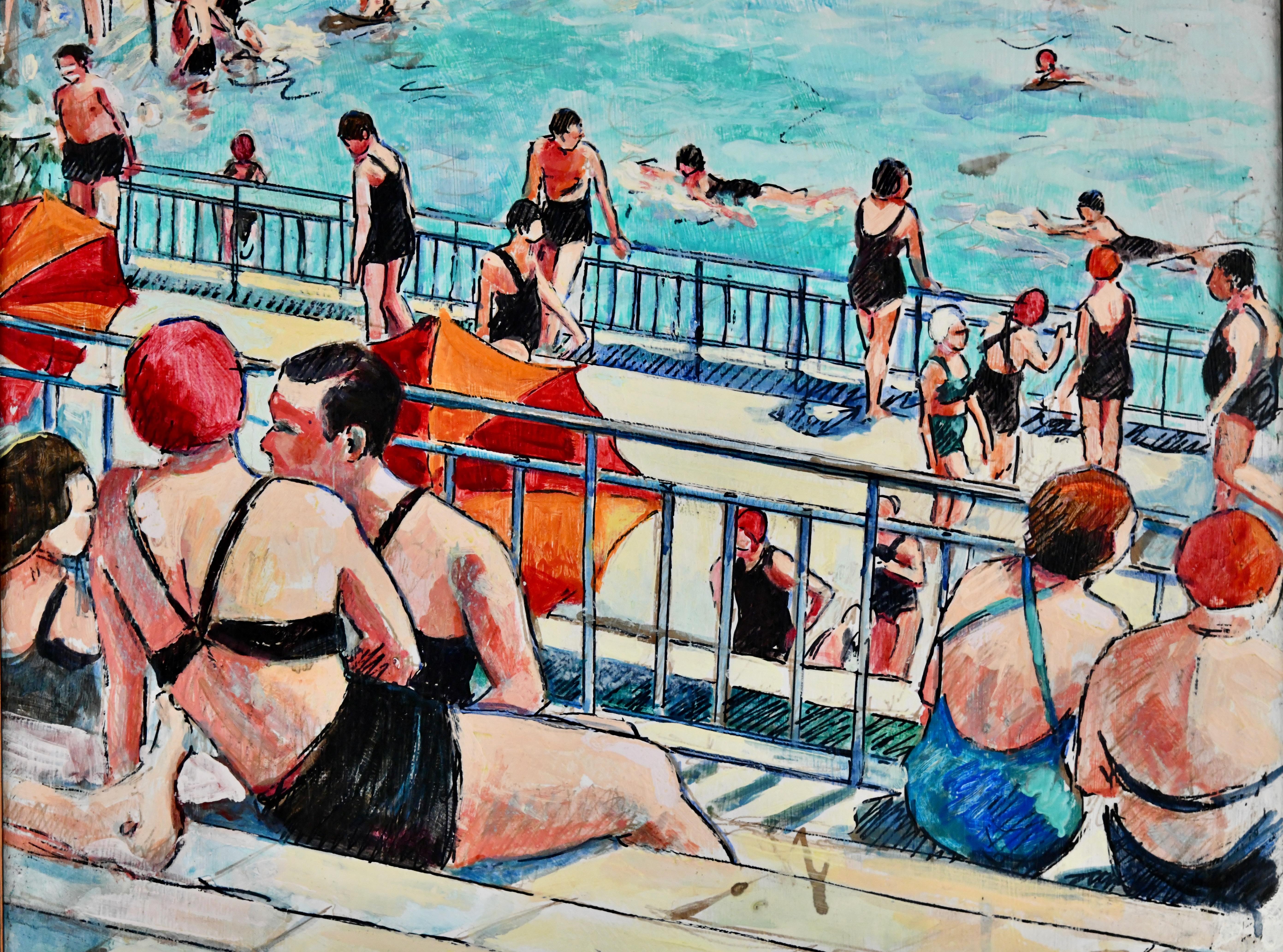 Art déco gemälde schwimmbad von Christiane Caillotin Vue  de ma table 1940 (Französisch) im Angebot