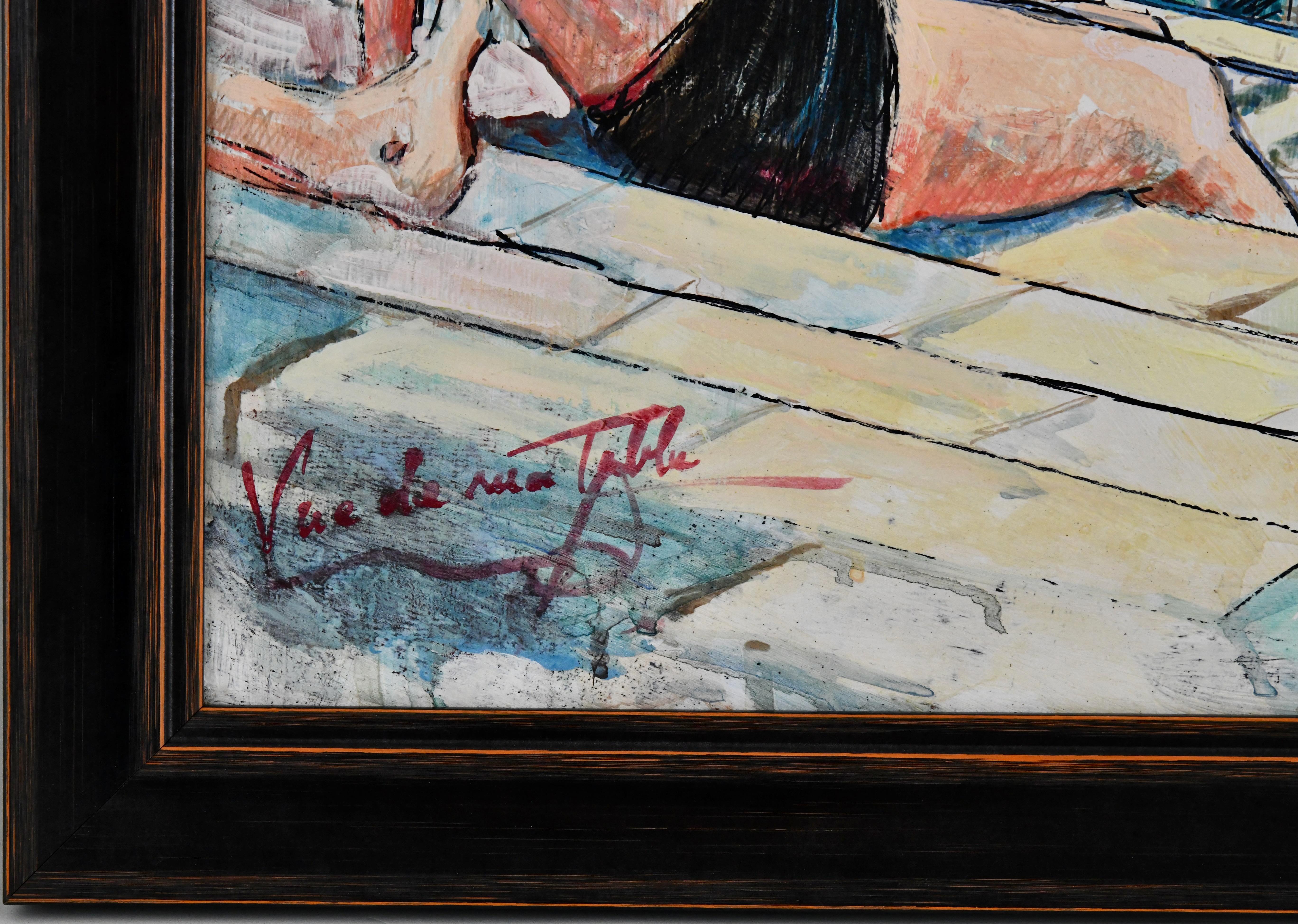 Art déco gemälde schwimmbad von Christiane Caillotin Vue  de ma table 1940 im Zustand „Gut“ im Angebot in Antwerp, BE