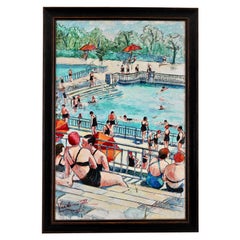 Art Deco painting swimming pool by Christiane Caillotin Vue  de ma table 1940