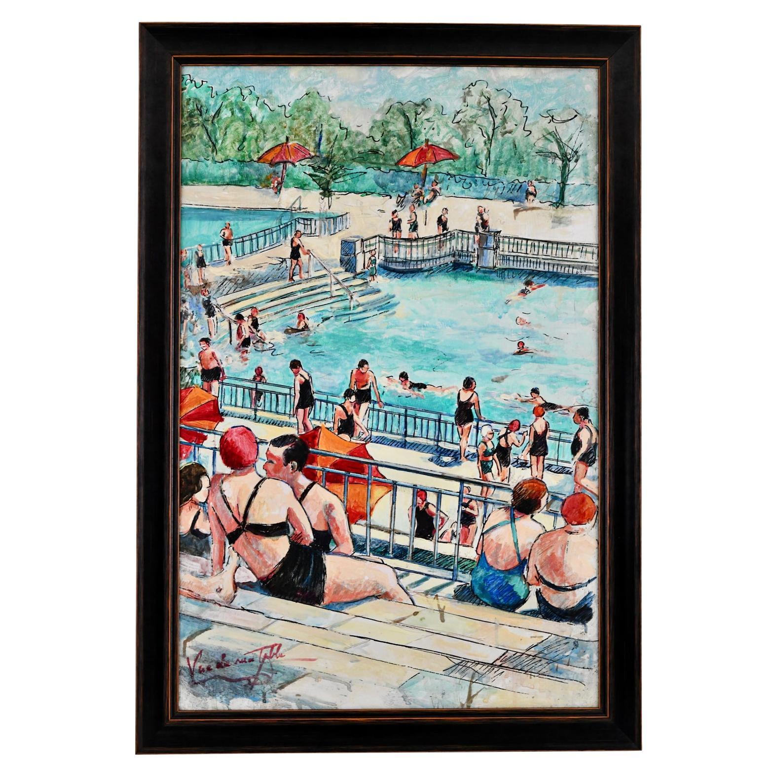 Art Deco painting swimming pool by Christiane Caillotin Vue  de ma table 1940 For Sale