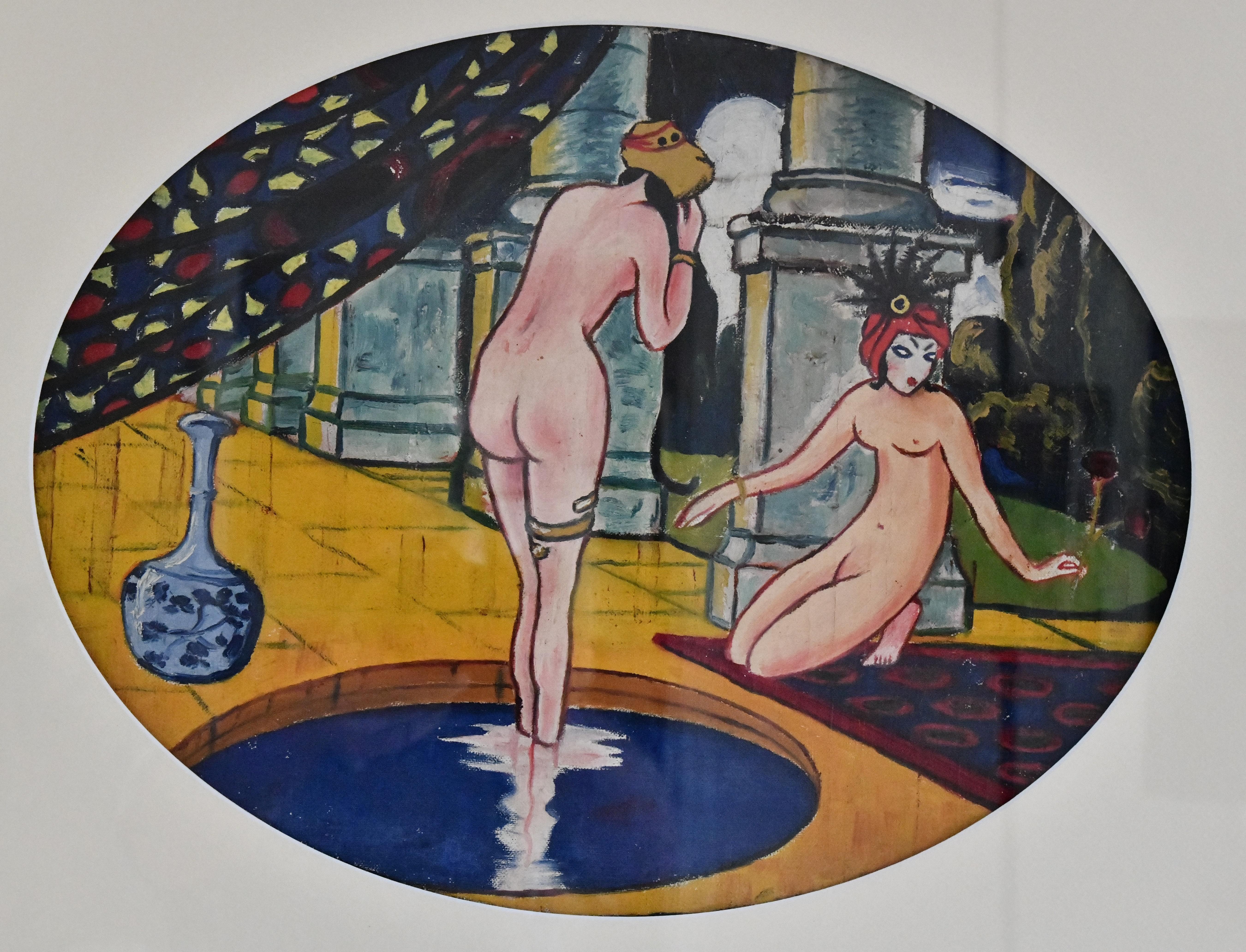Art Deco painting with nudes.
Oval shaped painting with two nude bathers, contemporary frame.
Colors pink, yellow, red, grey and blue. 
France 1930. 