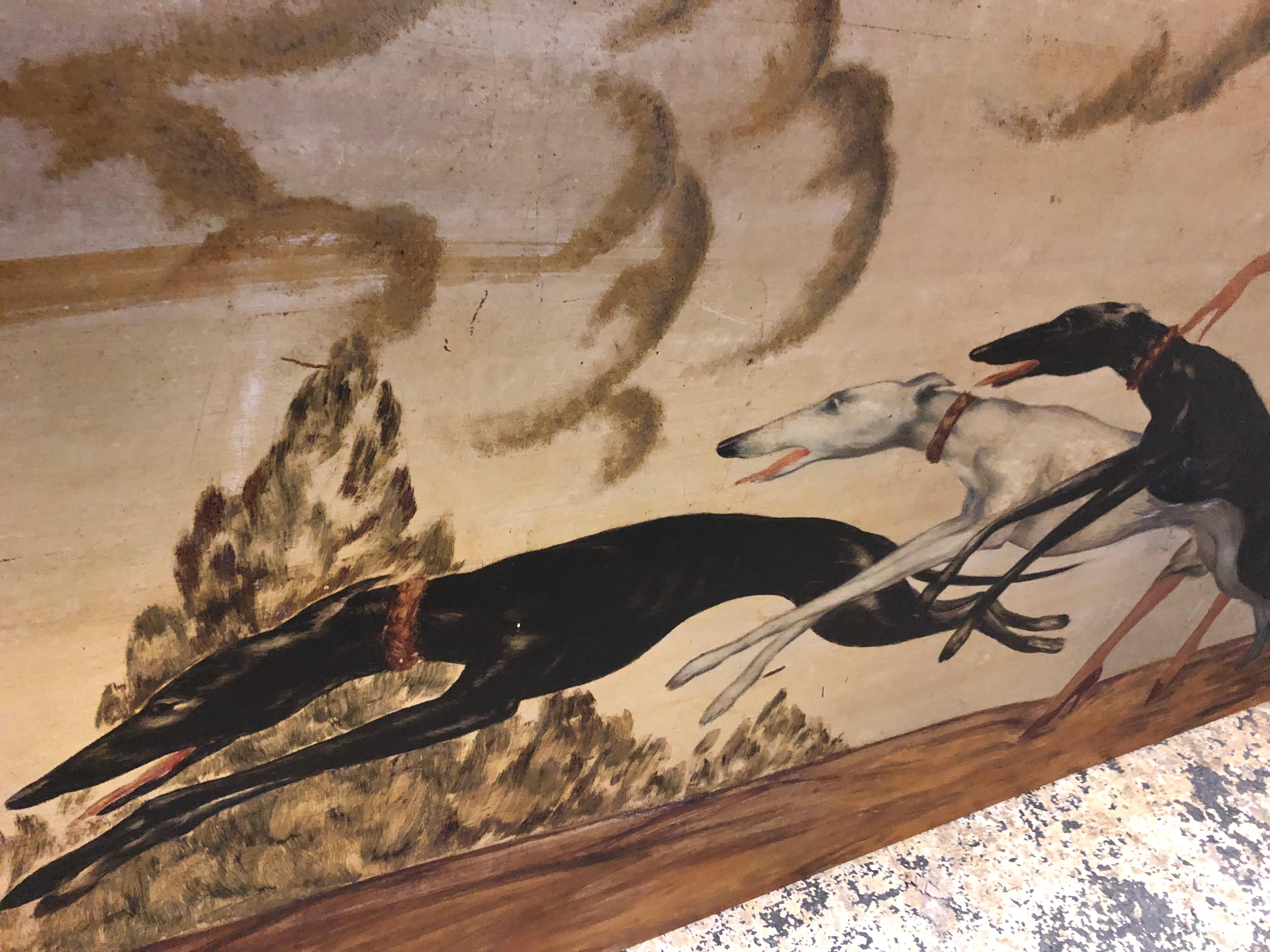 Brushed Art Deco Painting Woman and 3 Greyhounds by Yves