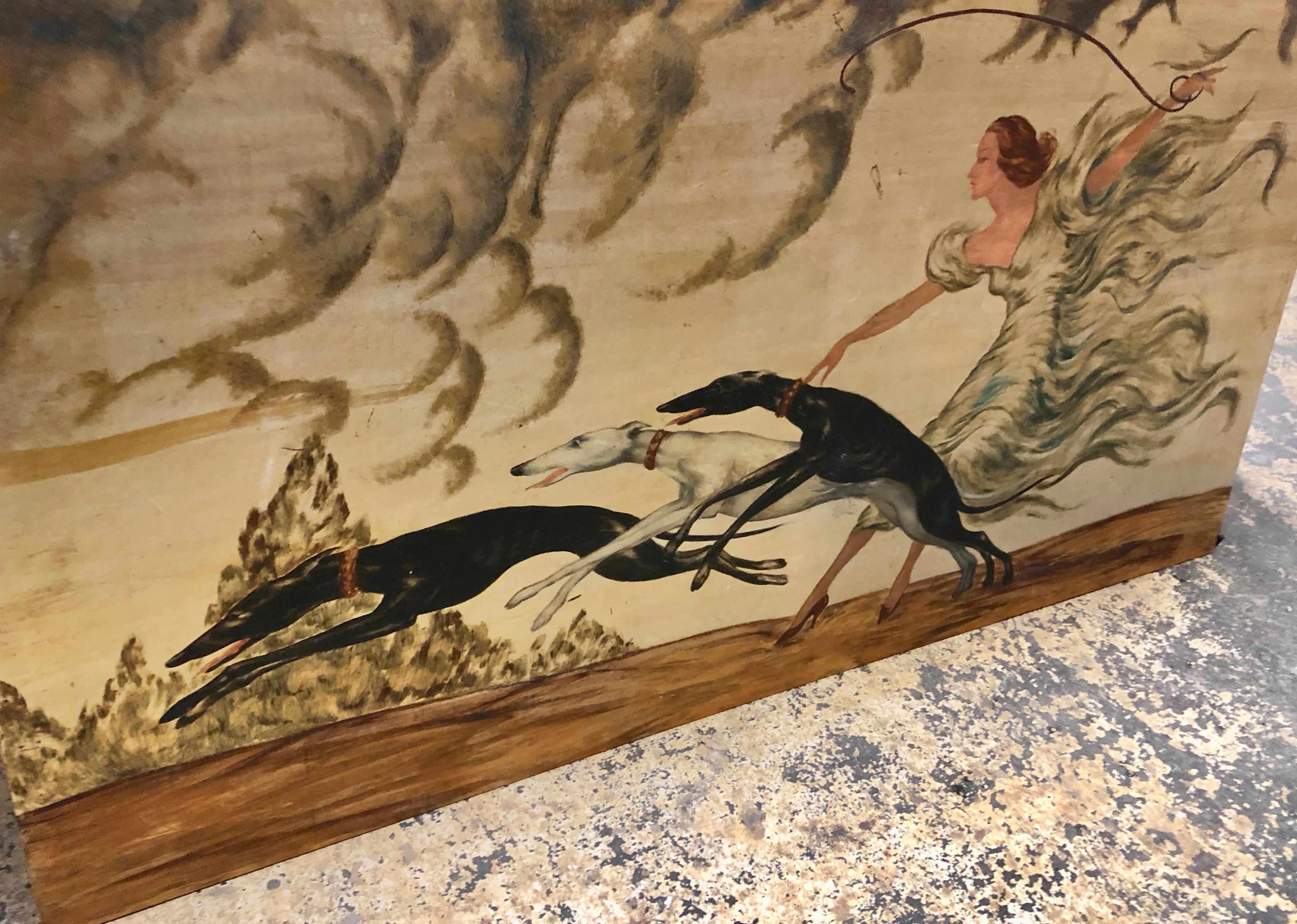 Art Deco Painting Woman and 3 Greyhounds by Yves In Good Condition In Oakland, CA