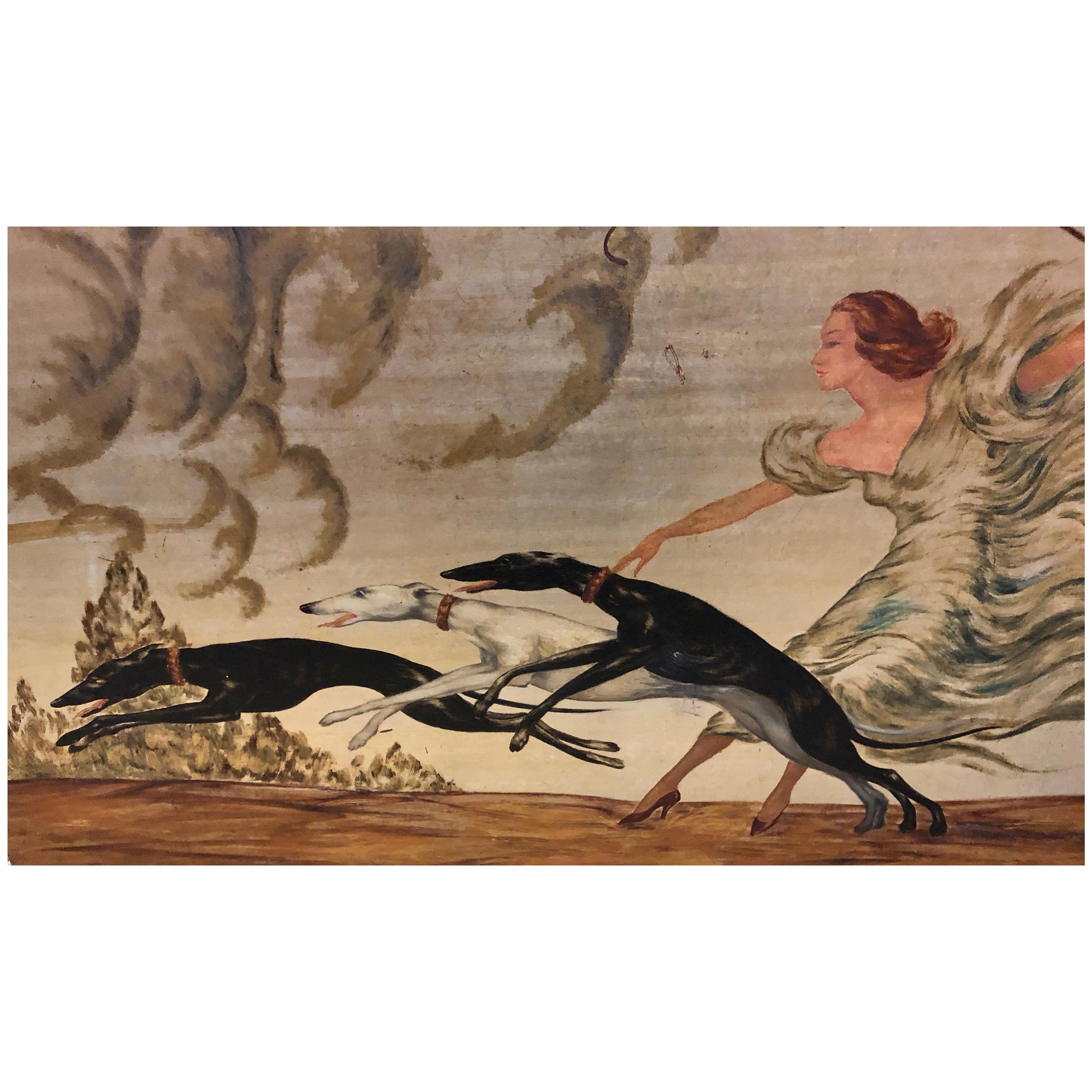 Art Deco Painting Woman and 3 Greyhounds by Yves