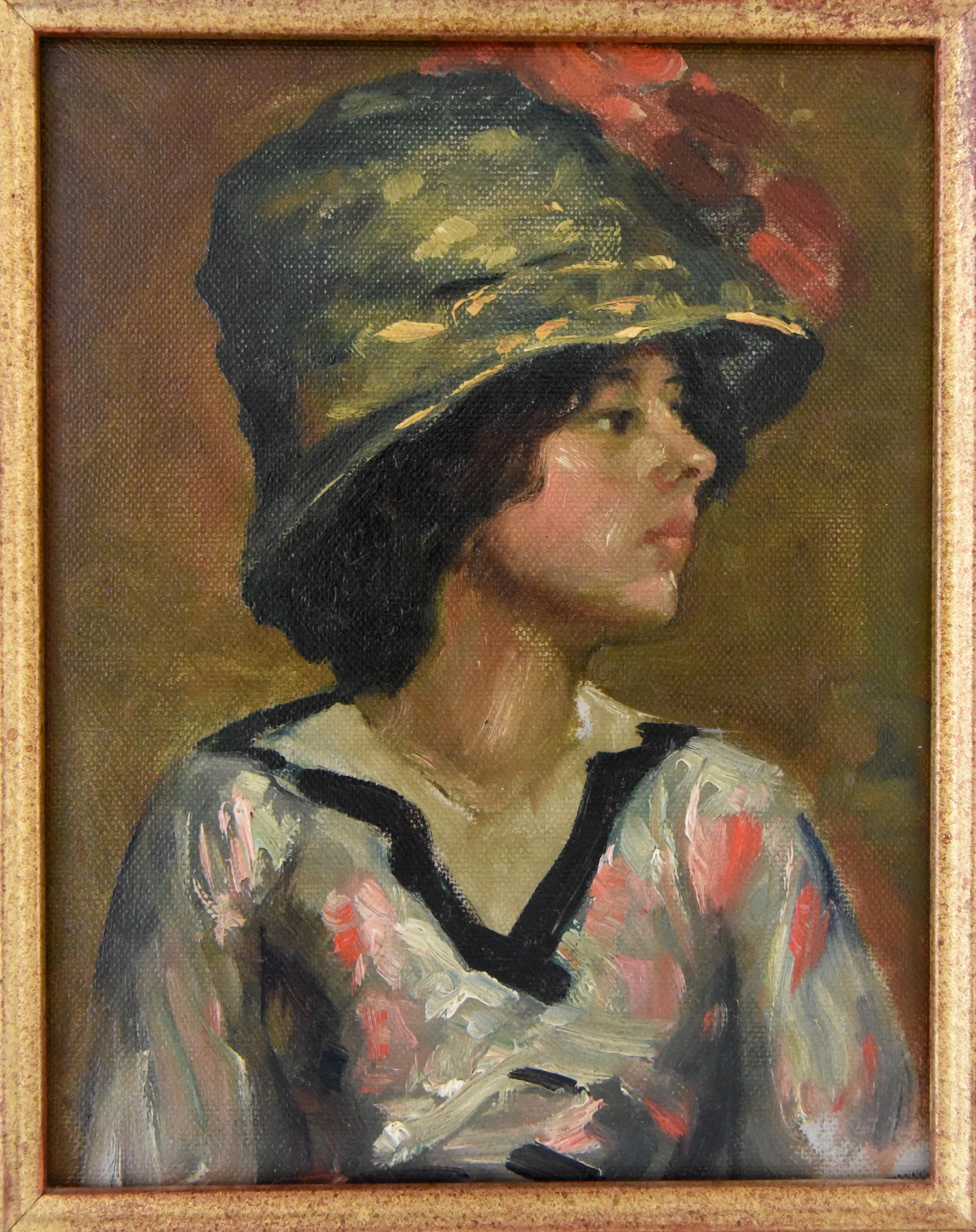 Art Deco double sided painting of a young woman with cloche hat and colorful Chinese style dress.
There is a drawing of a female nude on the back of the painting.
The painting is framed with glass on both sides.
French School circa 1920. 


   