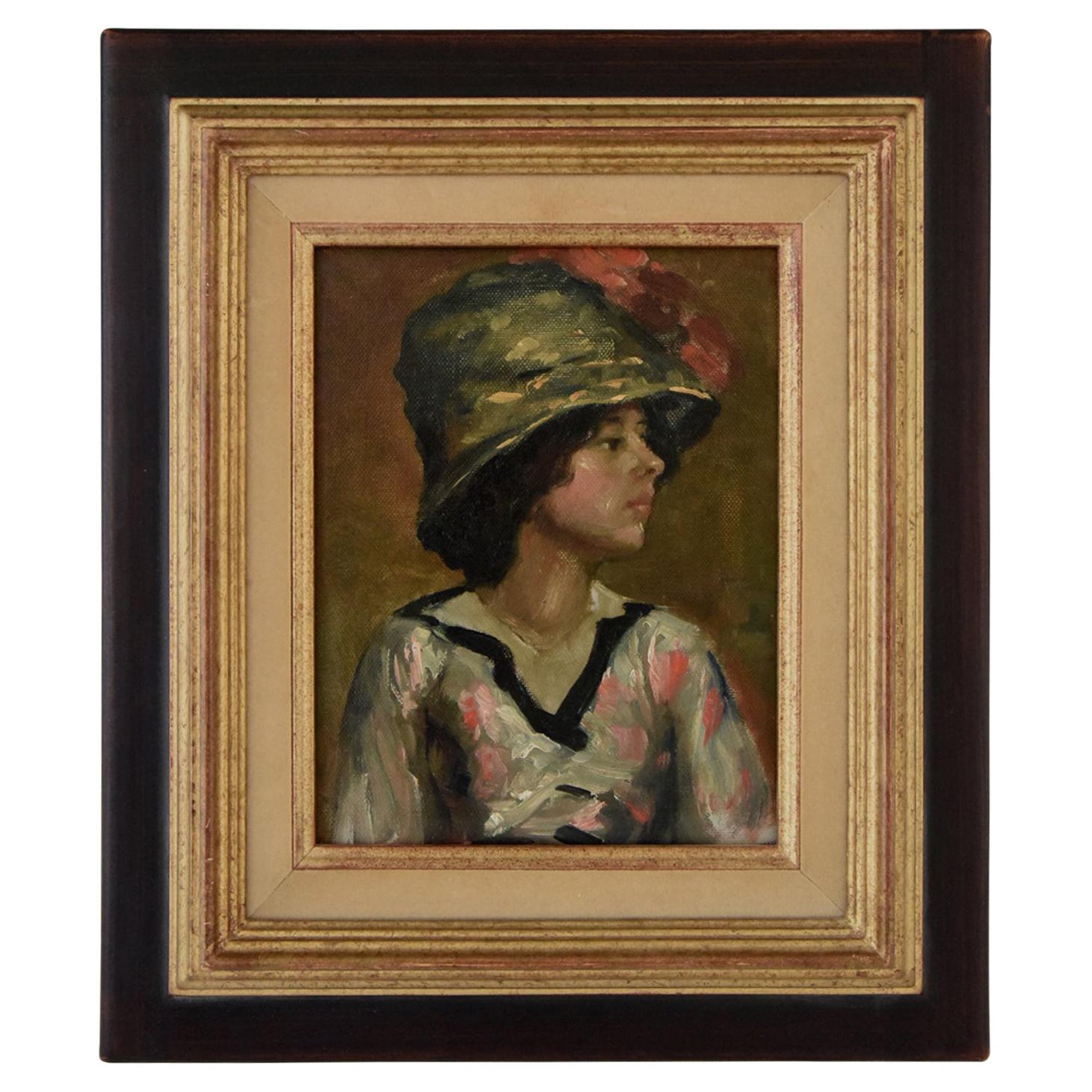 Art Deco Painting Young Woman with Hat French School France 1920
