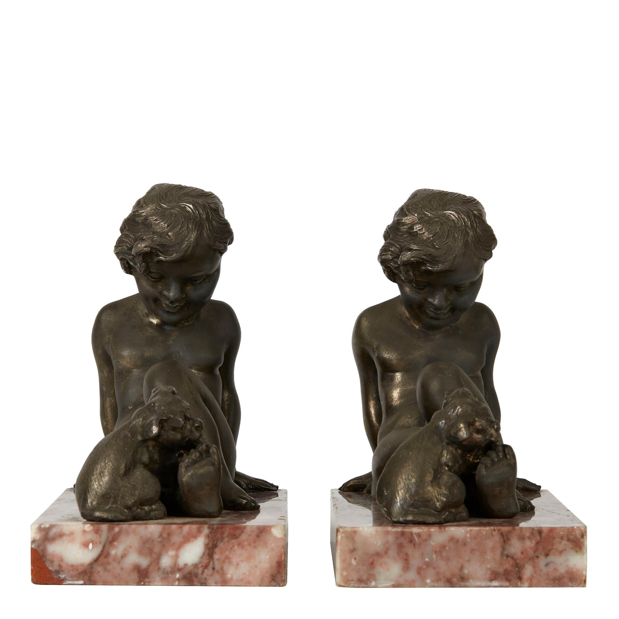 European Art Deco Pair of Boy and Puppy Metal Bookends, 1930s