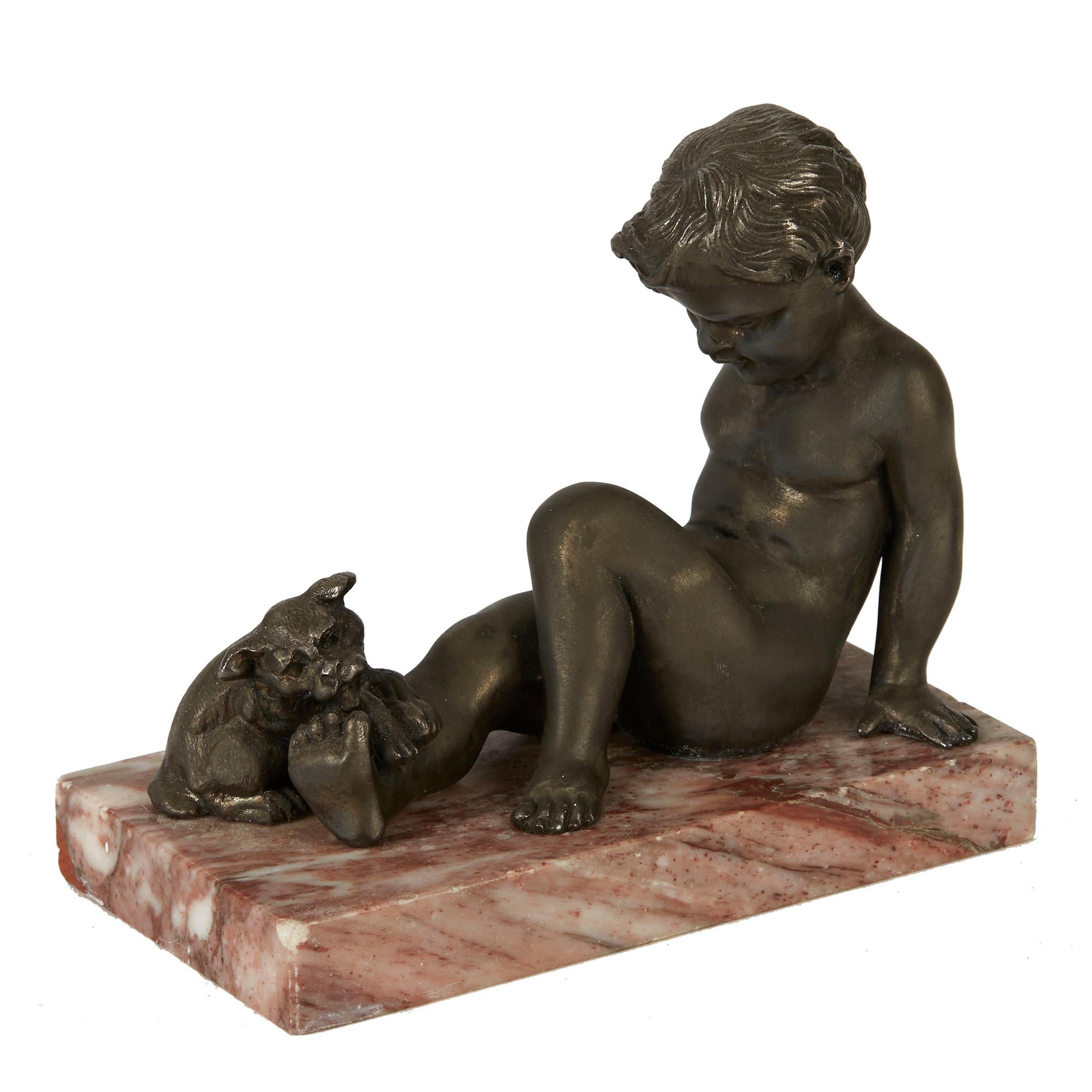 Mid-20th Century Art Deco Pair of Boy and Puppy Metal Bookends, 1930s