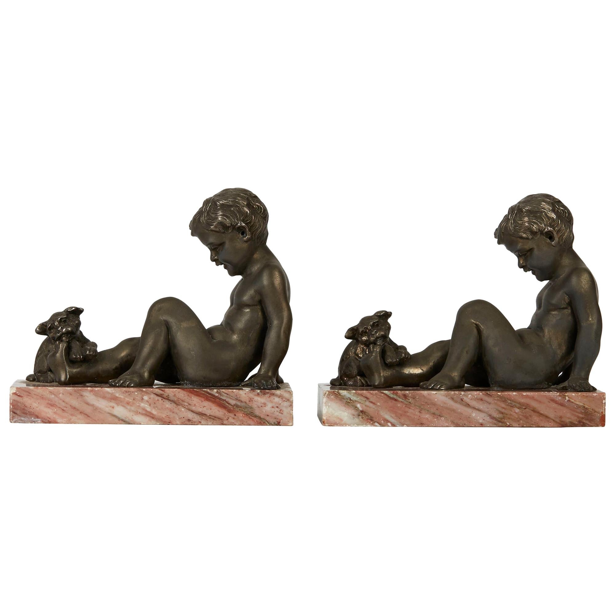 Art Deco Pair of Boy and Puppy Metal Bookends, 1930s