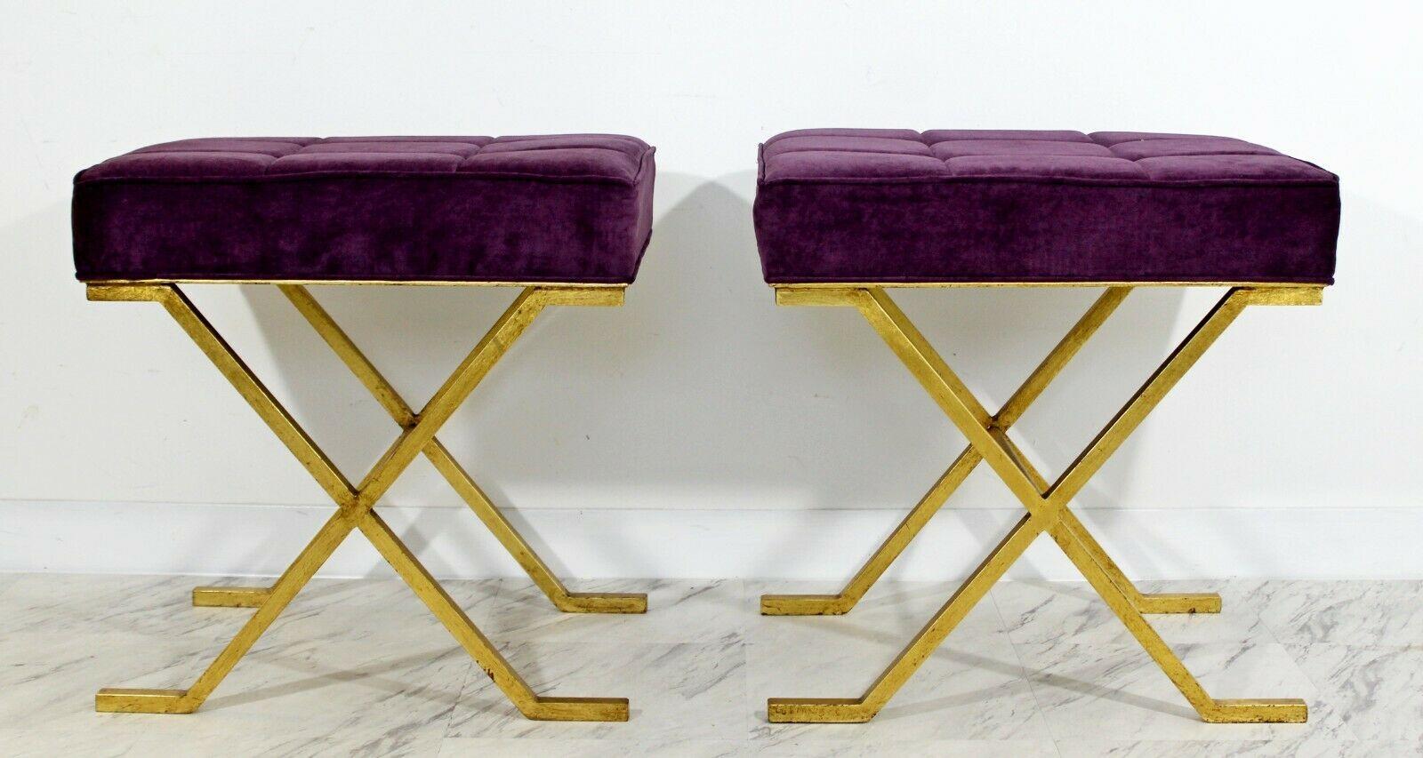 For your consideration is a wonderfully vintage, solid brass, pair of Hollywood Regency stools, with purple velvet seats. In excellent condition. The dimensions are 22