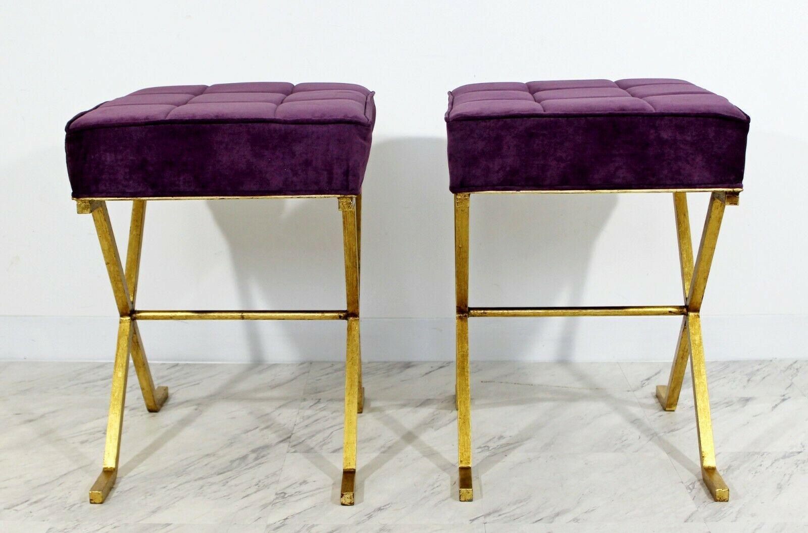 Art Deco Style Pair Brass Purple Stools Benches Hollywood Regency In Good Condition In Keego Harbor, MI