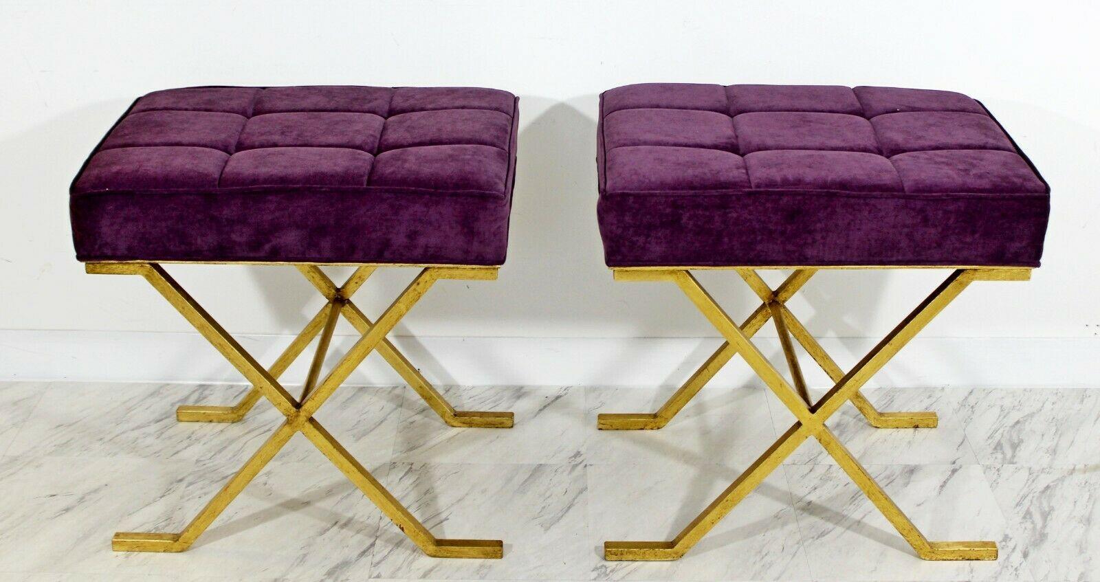 Art Deco Style Pair Brass Purple Stools Benches Hollywood Regency 1