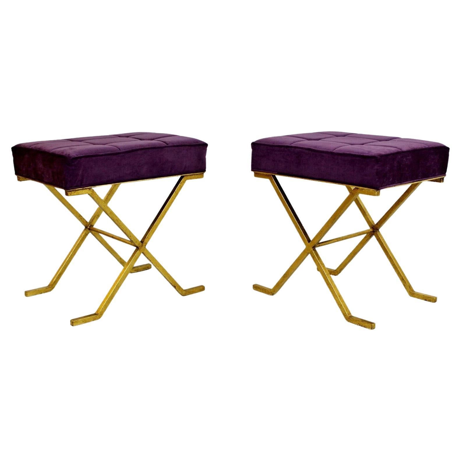 Art Deco Style Pair Brass Purple Stools Benches Hollywood Regency