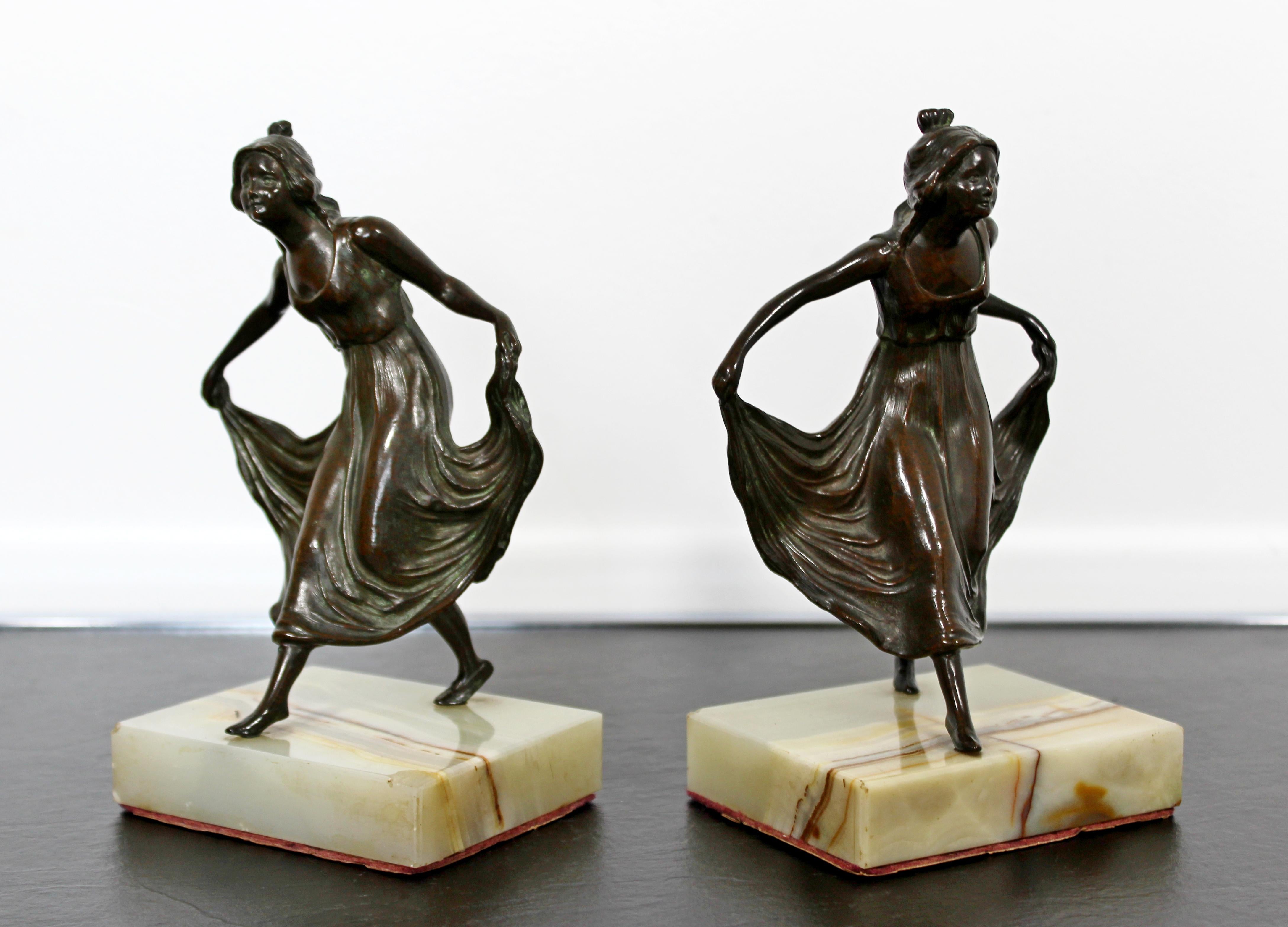 Art Deco Pair Bronze on Marble Bookends Girls Dancing Table Sculptures, 1920s In Good Condition In Keego Harbor, MI