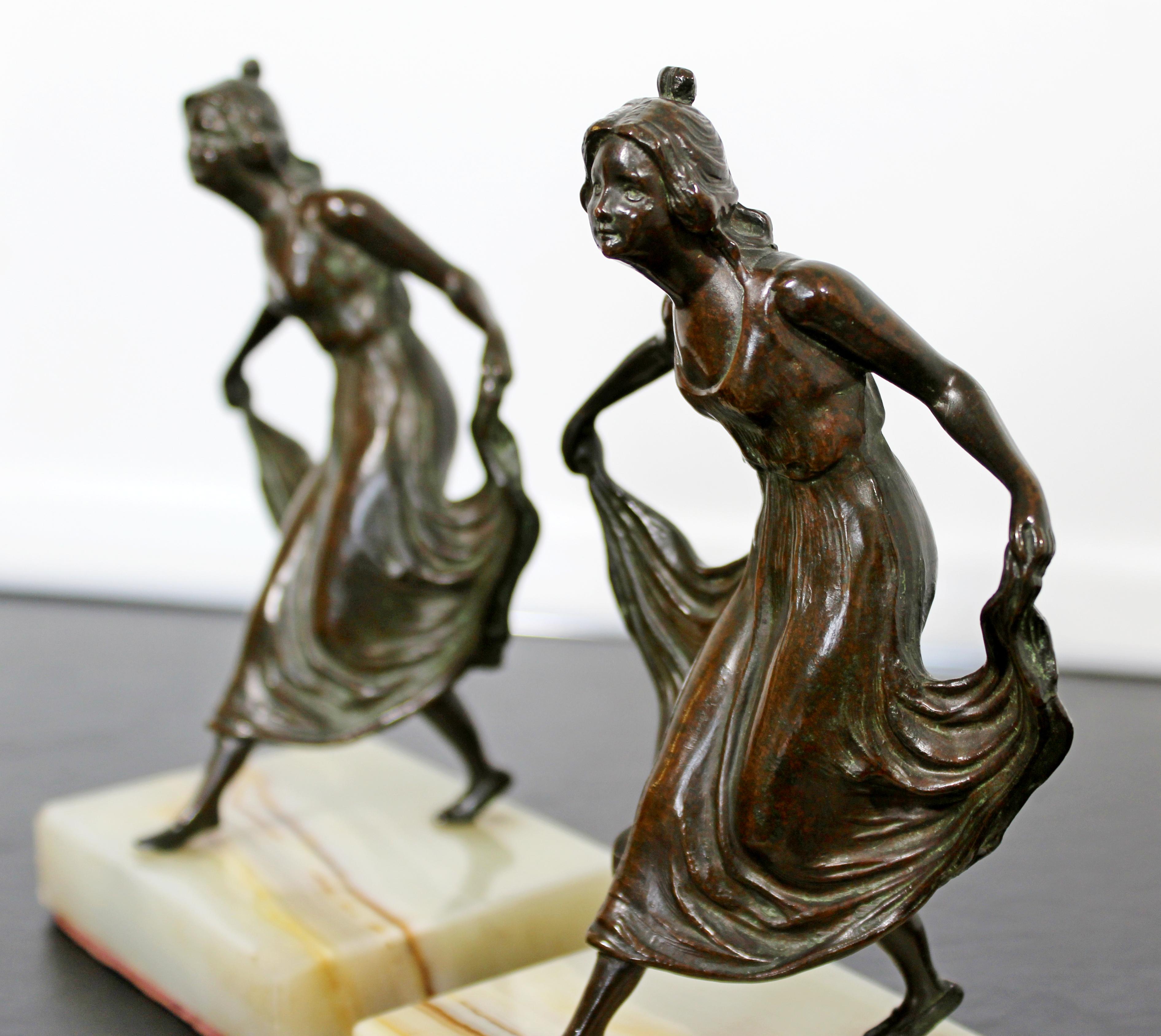 Early 20th Century Art Deco Pair Bronze on Marble Bookends Girls Dancing Table Sculptures, 1920s