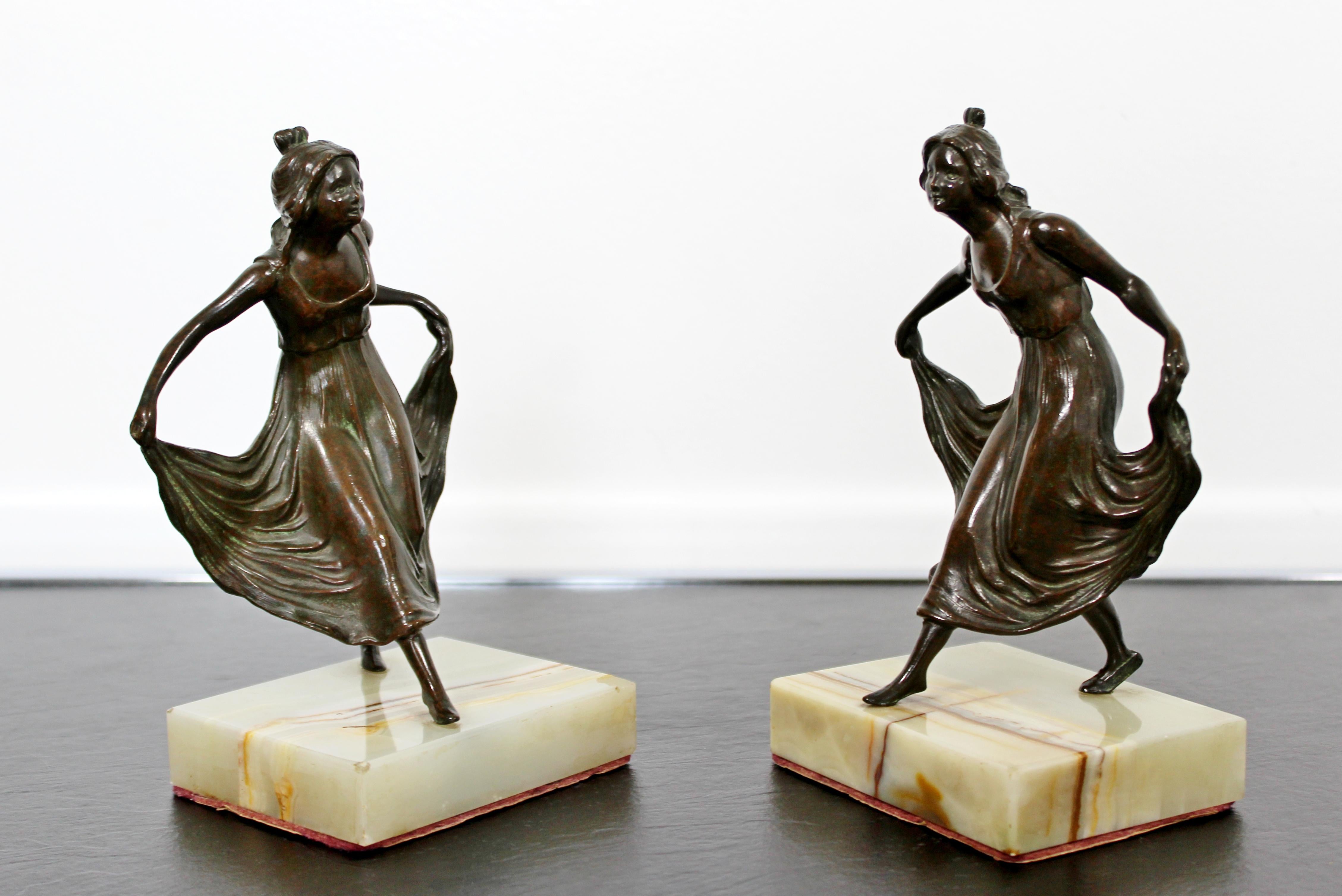 Art Deco Pair Bronze on Marble Bookends Girls Dancing Table Sculptures, 1920s 1