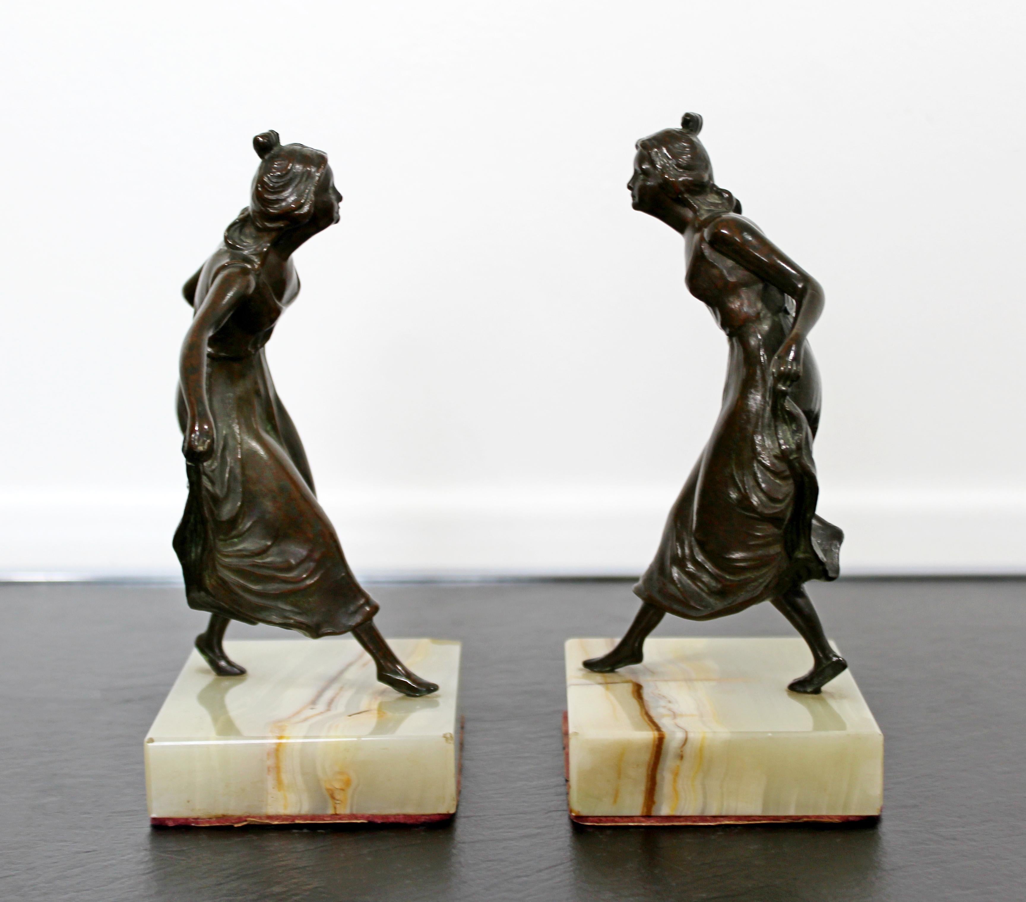 Art Deco Pair Bronze on Marble Bookends Girls Dancing Table Sculptures, 1920s 2