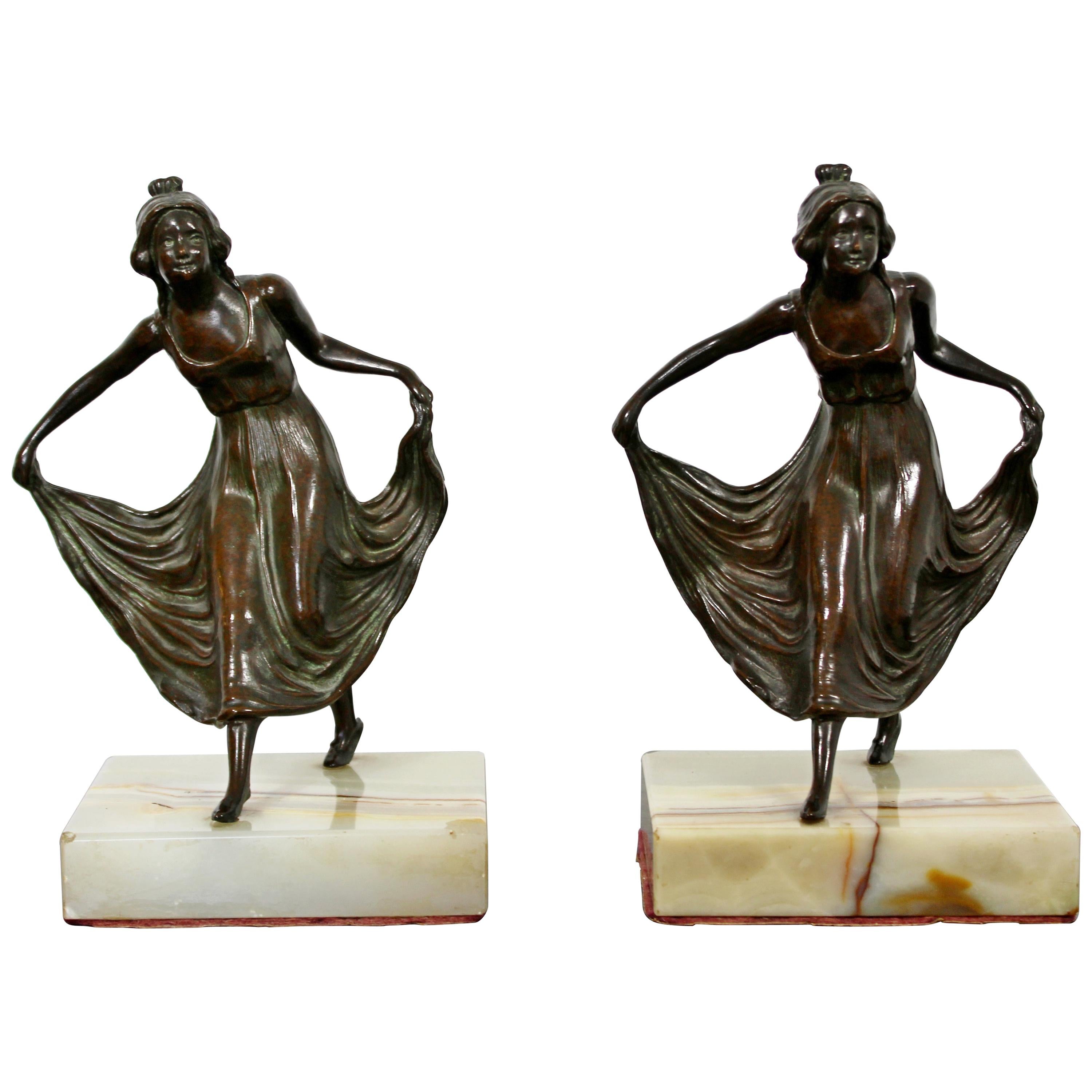 Art Deco Pair Bronze on Marble Bookends Girls Dancing Table Sculptures, 1920s