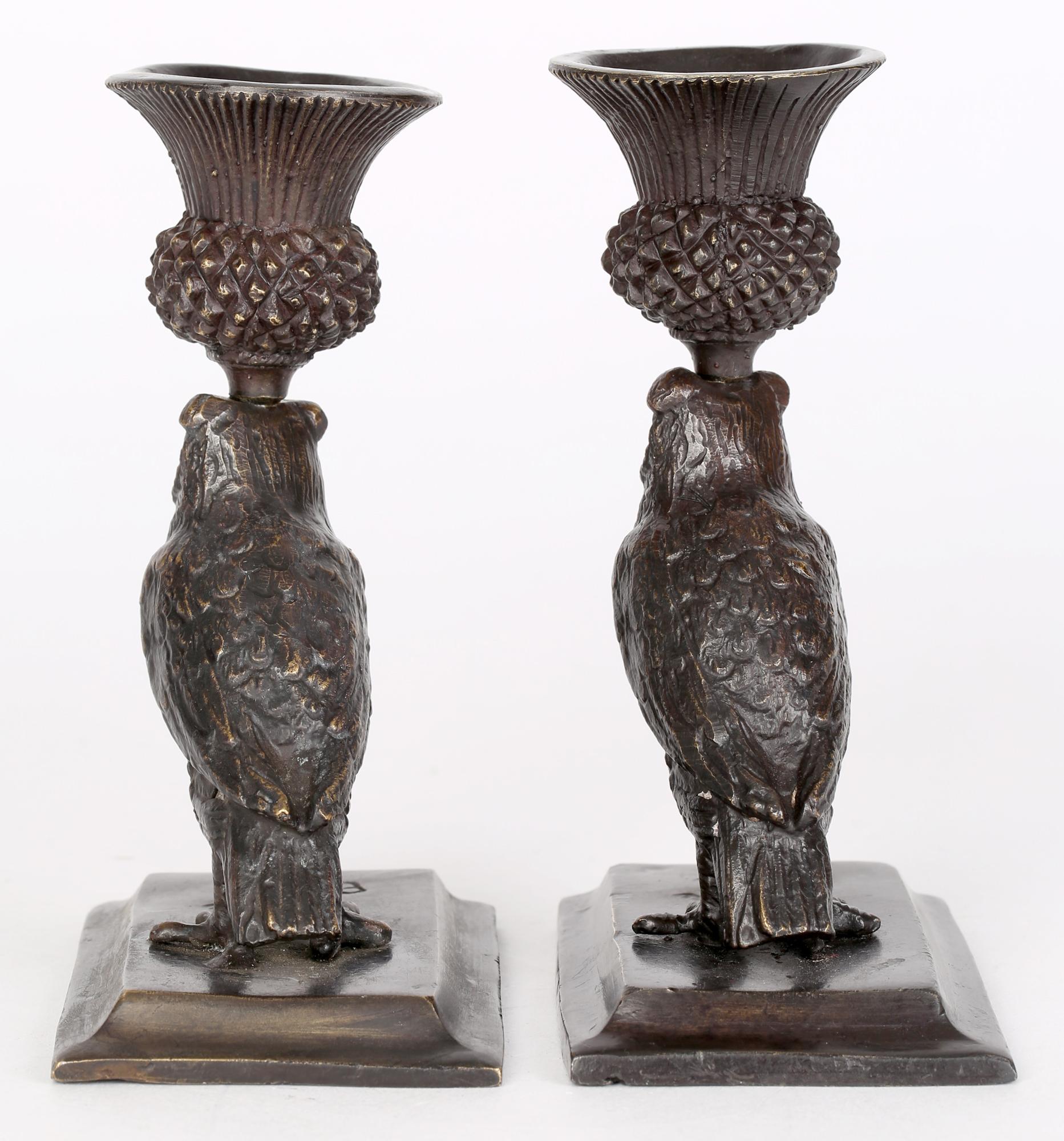 Art Deco Pair Bronze Owl Candlesticks Signed Barrie 4