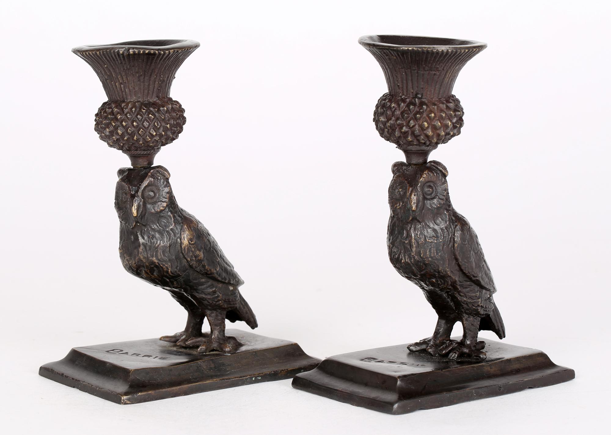 Art Deco Pair Bronze Owl Candlesticks Signed Barrie 5