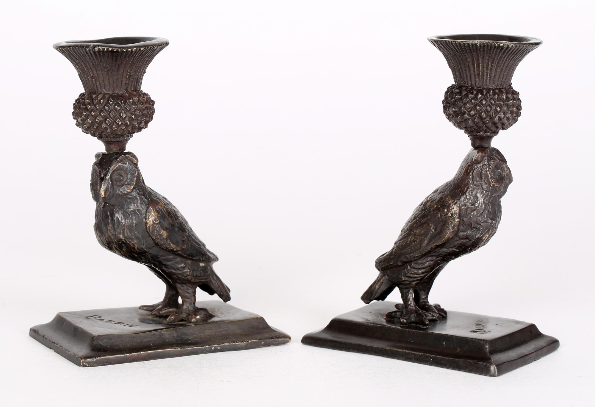 Art Deco Pair Bronze Owl Candlesticks Signed Barrie 6